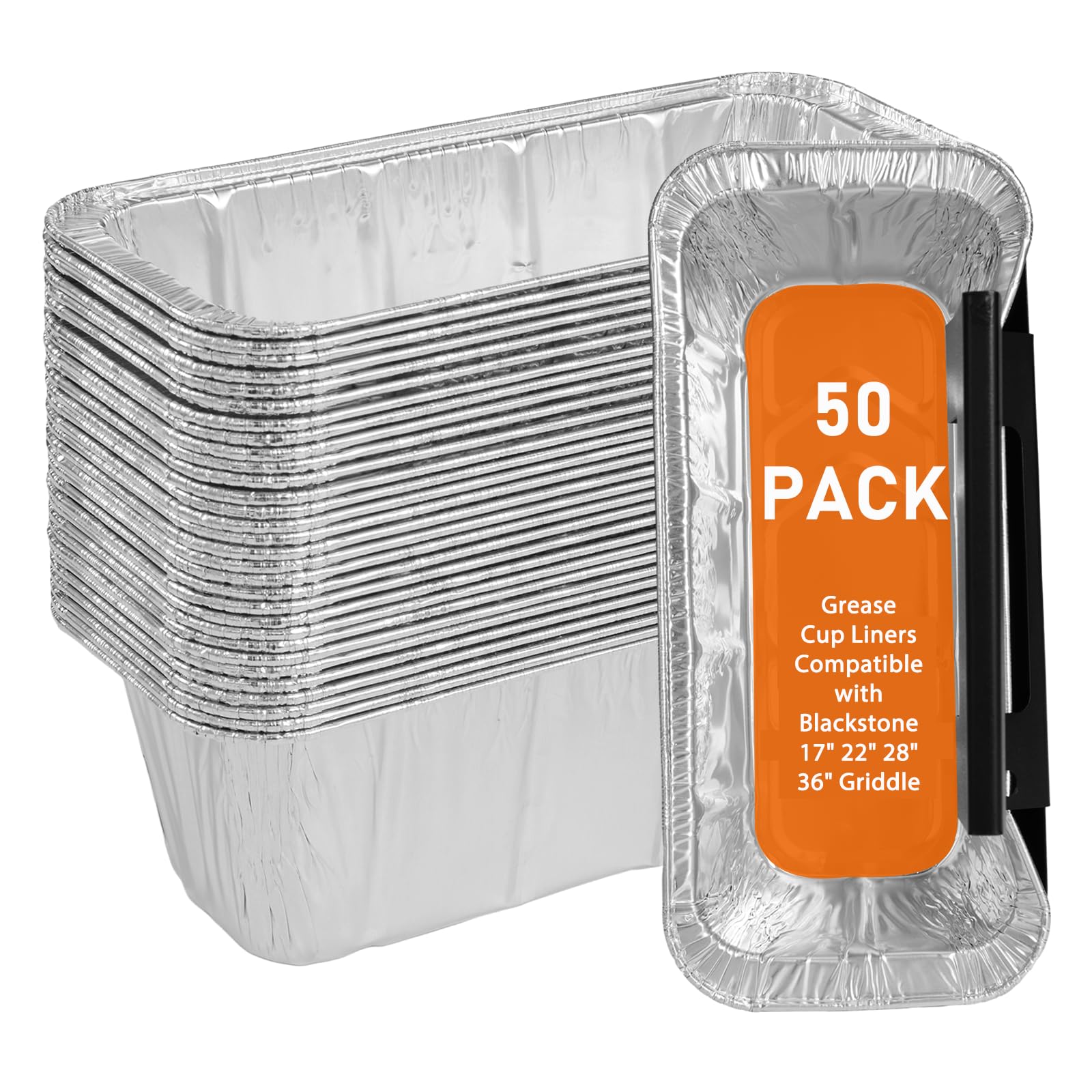 50-Pack Grease Cup Liners Compatible with Blackstone 5017 Griddle, Aluminum Foil Drip Pan Grease Catcher Cup Liner for 17, 22, 28, 36 Inch Griddle, Disposable Grill Grease Trays