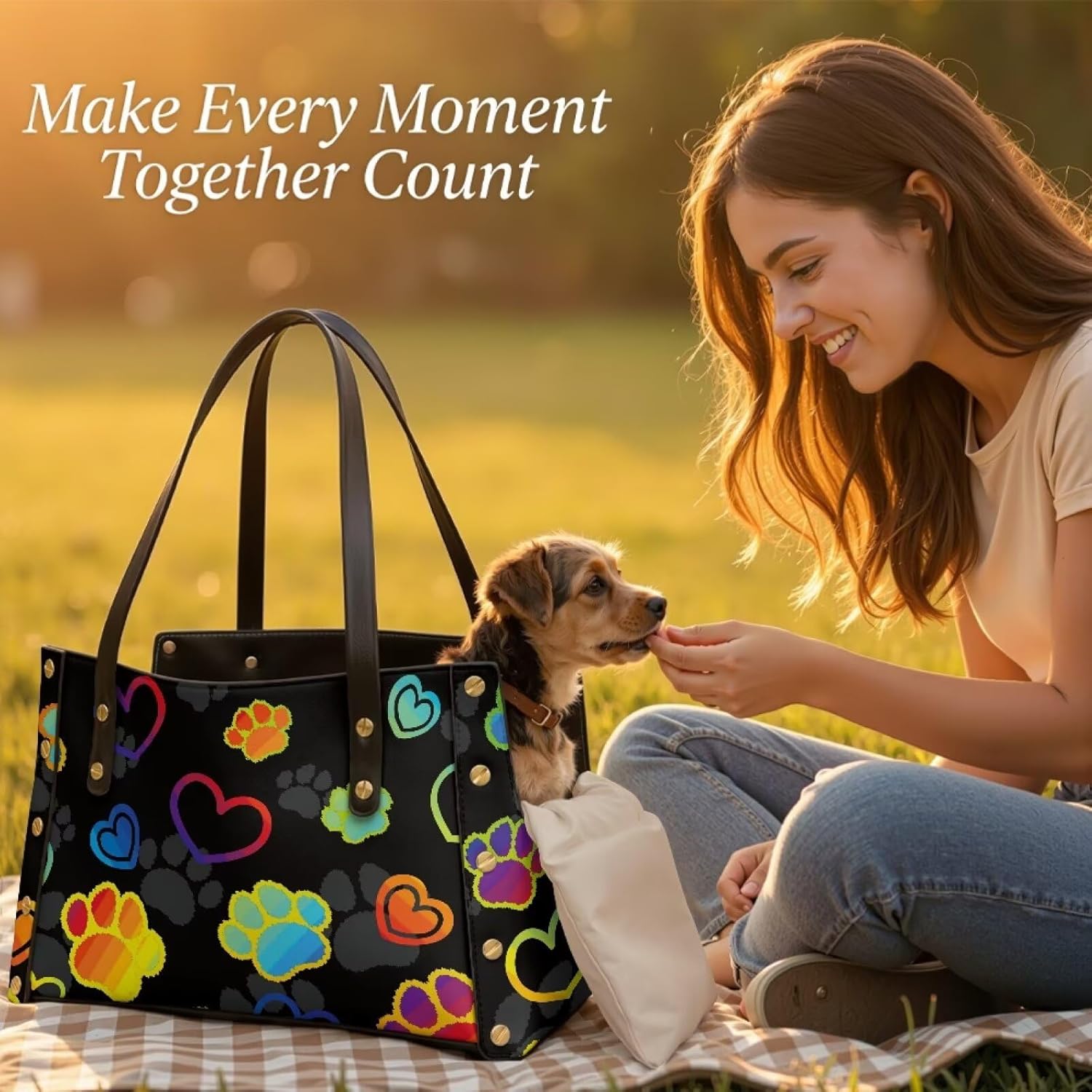 COEQINE Colorful Dog Paw Prints Puppy Purse Carrier for Small Dogs 0-15 Ibs Waterproof Leather Sling Bag Cute Pet Bag for Supplies,15.74x9.44x6.69 in