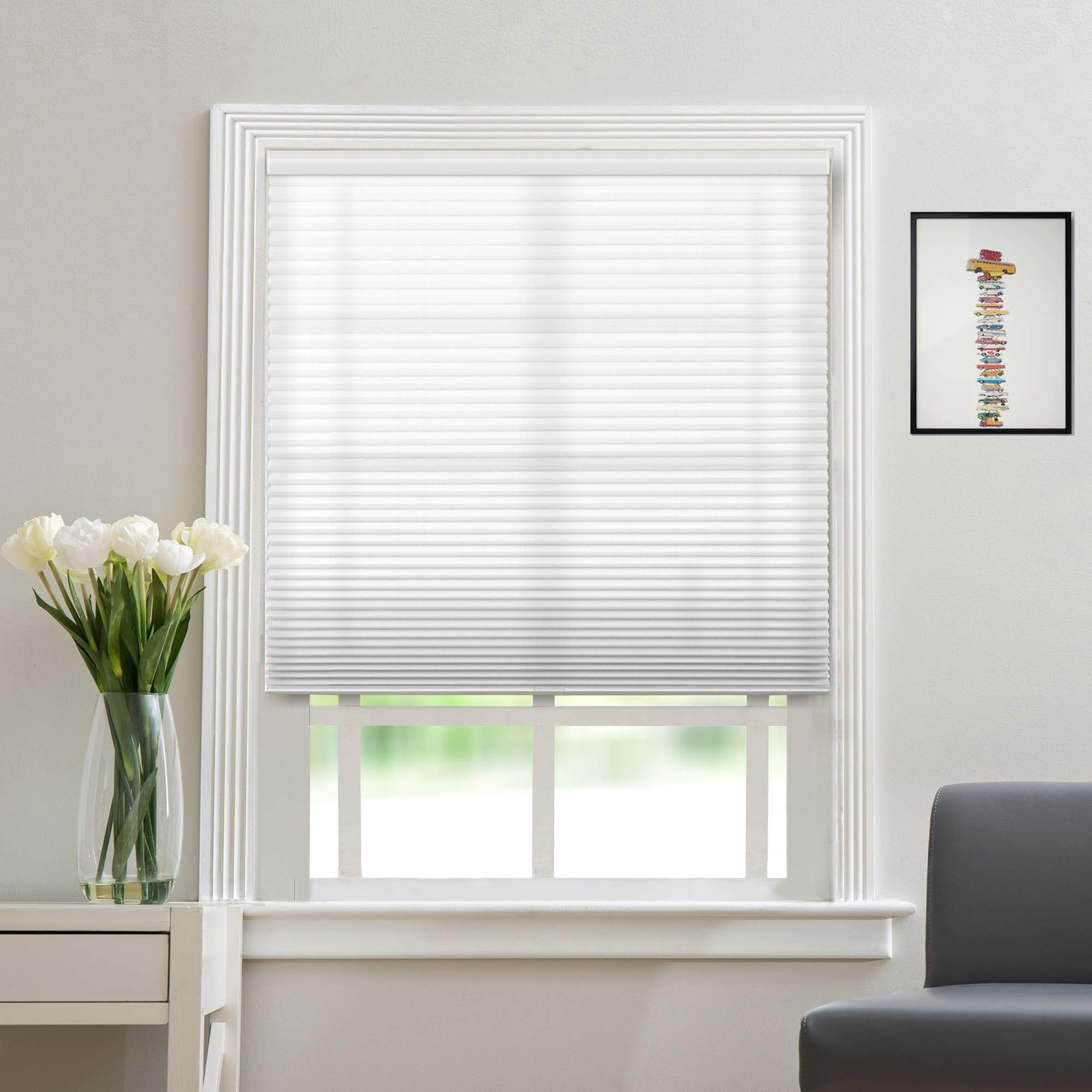 Cellular Shades Cordless Honeycomb Blinds Fabric Window Shades, Free-Stop Light Filtering Window Blind [White-Light Filter, Size 75 1/2