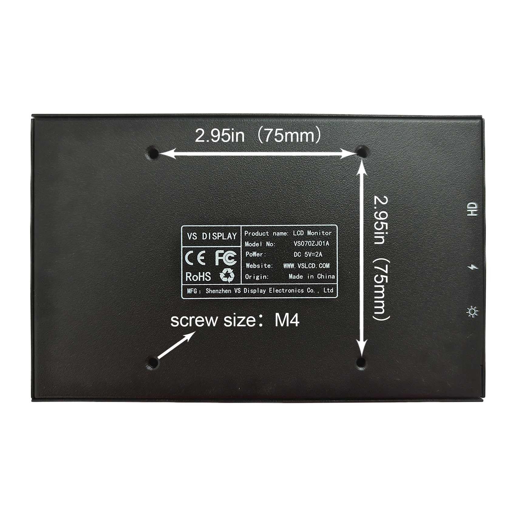 VSDISPLAY Monitor LCD IPS nero da 7 pollici 1280x800 350 nits | luminosità regolabile,metallo fori di montaggio da 75 mm