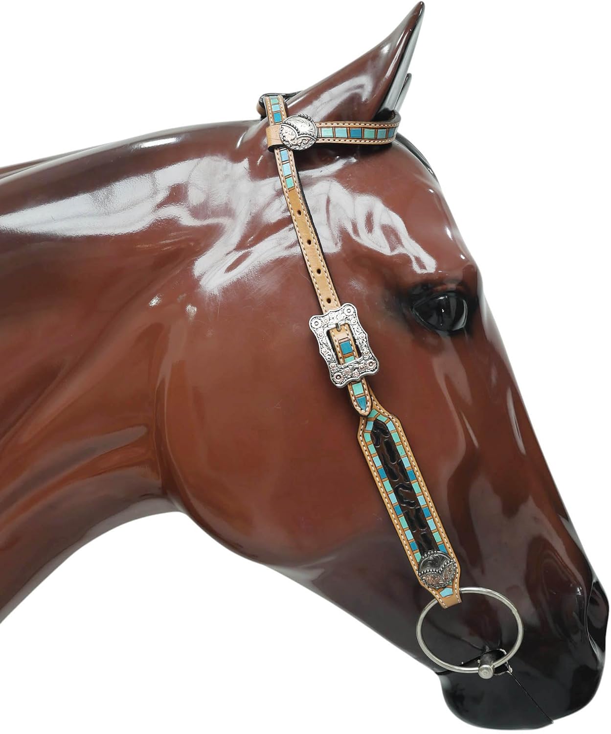 Western Leather Headstall and Breast Collar Tack Set with Leopard Carving and Multicolor Turquoise Border – One Ear, Cheek Pieces, and Breast Collar, Argentina Cow Leather