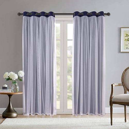 Miniatura 2 de BONZER Cortinas opacas grises con gasa blanca traslúcida de doble capa para mezclar y combinar cortinas con ojales para sala de estar, azul marino,