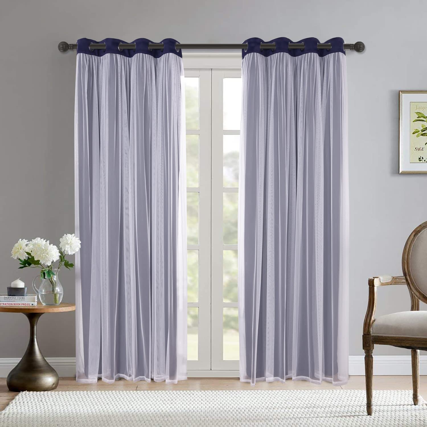 Bonzer Cortinas Opacas Grises con Visillo Blanco de Doble Capa, combinables con Ojales para salón, Azul Marino, 132 x 213 cm, Set de 2 Paneles