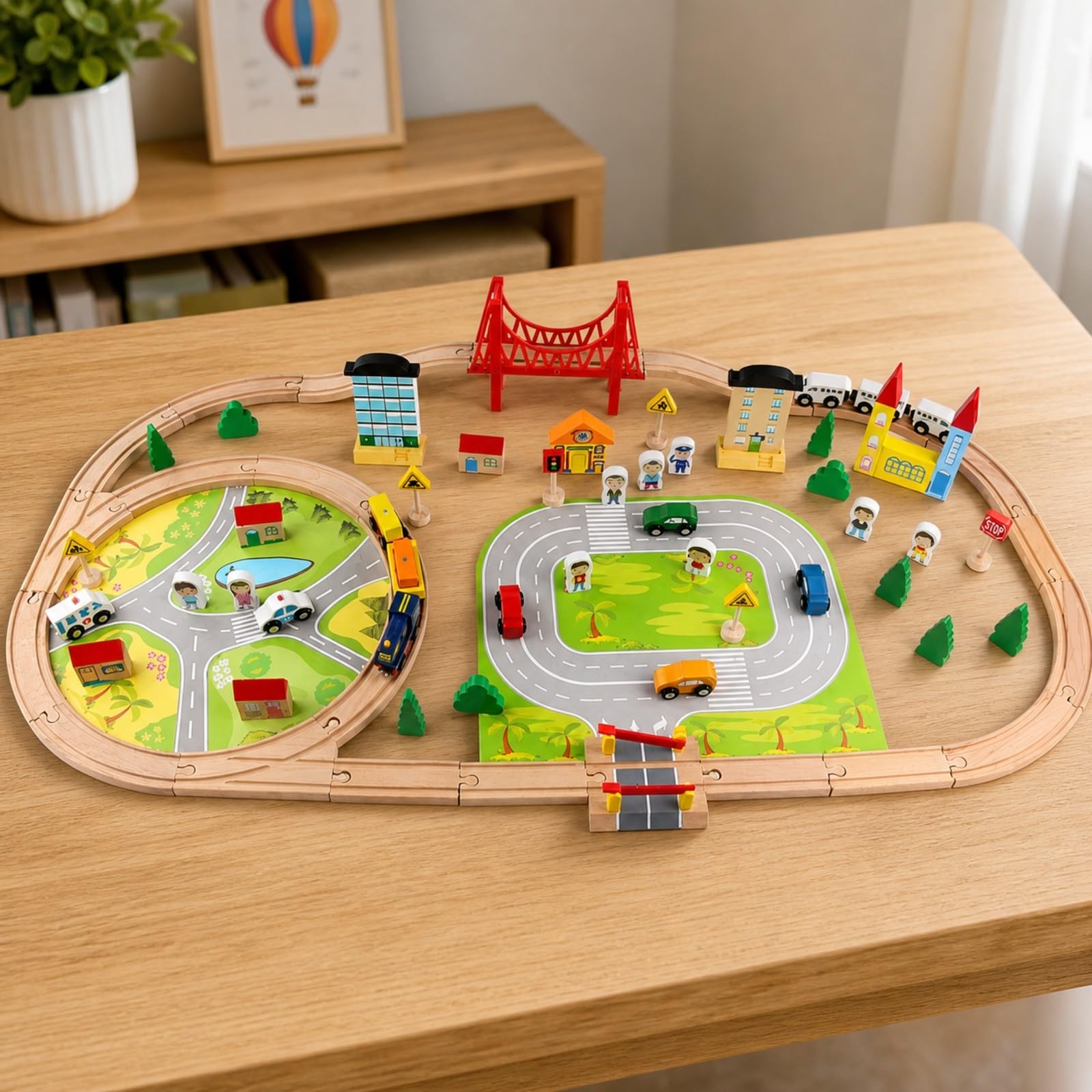 predolo Jeu Train Miniature Coloré Assemblage Facile, Circuit Train en Bois, Circuit Bâtiments, pour Chambre d'enfant, Enfants