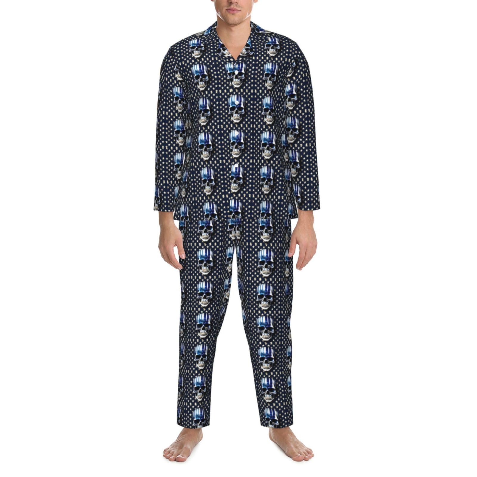 Herren-Pyjama-Set, langärmelig, gestreift, Sterne, Totenkopf, zweiteilig, bequem, Nachtwäsche
