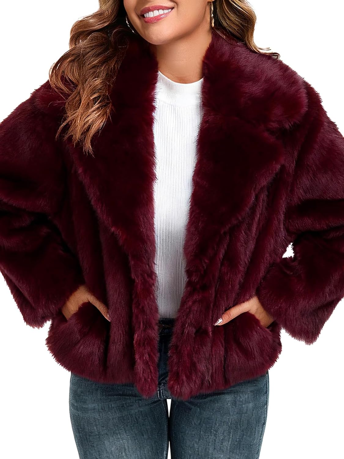 Oymyakon Women Faux Fur Coat Long Sleeve Fluffy Lapel Furry Jackets Winter Shaggy Open Front Short Outerwear - Image 3