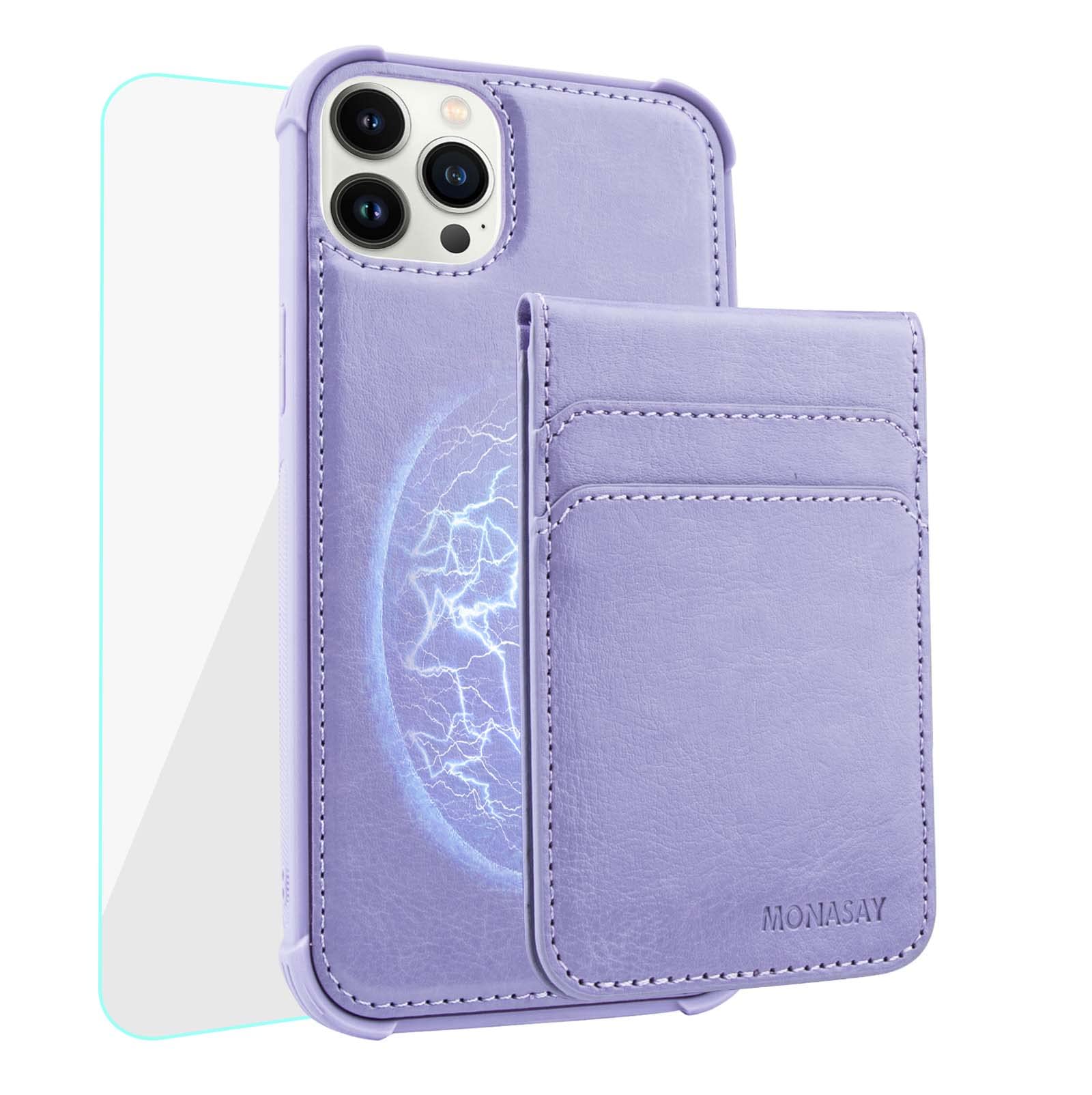MONASAY Magwallet Case Fit for iPhone 13 Pro Max, [Support MagSafe Wireless Charging][Glass Screen Protector] Flip Magnetic Leather Wallet Phone Cover with Detachable Card Holder, Light purple
