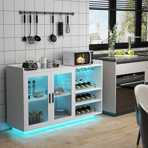 Miniatura 8 de Loomie Gabinete de bar de vinos con luces LED, barra de café flotante con estante de vidrio y estantes de vino extraíbles, aparador de buffet