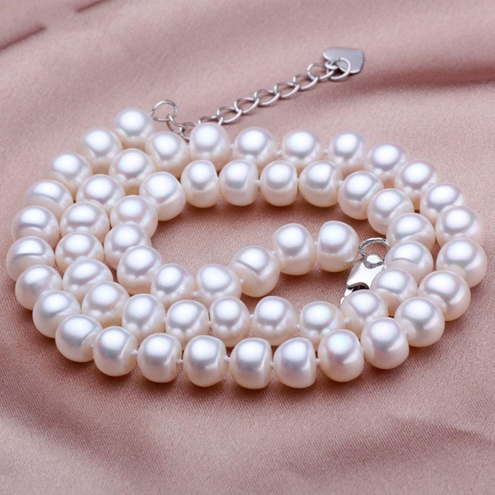 LOKILOKI Collar De Perlas De Agua Dulce Natural Real White 925 Joyas con Hebilla De Plata Esterlina para Mujeres Boda 40cm