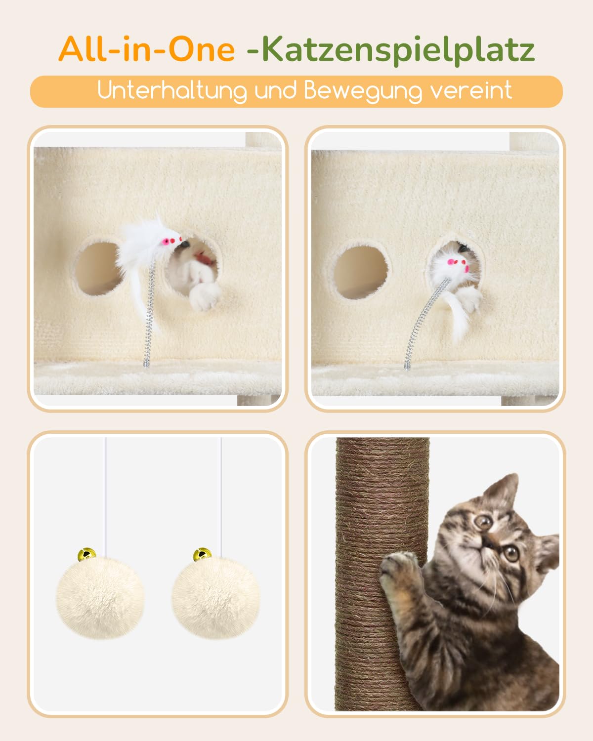 Globlazer S80B Kratzbaum Beige XXL 204 cm für 3-5 Große Katzen Katzenbaum | Mehrstöckiger, 2 Große Katzenhaus, 2 Plattform, Hängematte, Korb, für Schwere Katzen Innen, Einfach Montieren, Robust Sicher