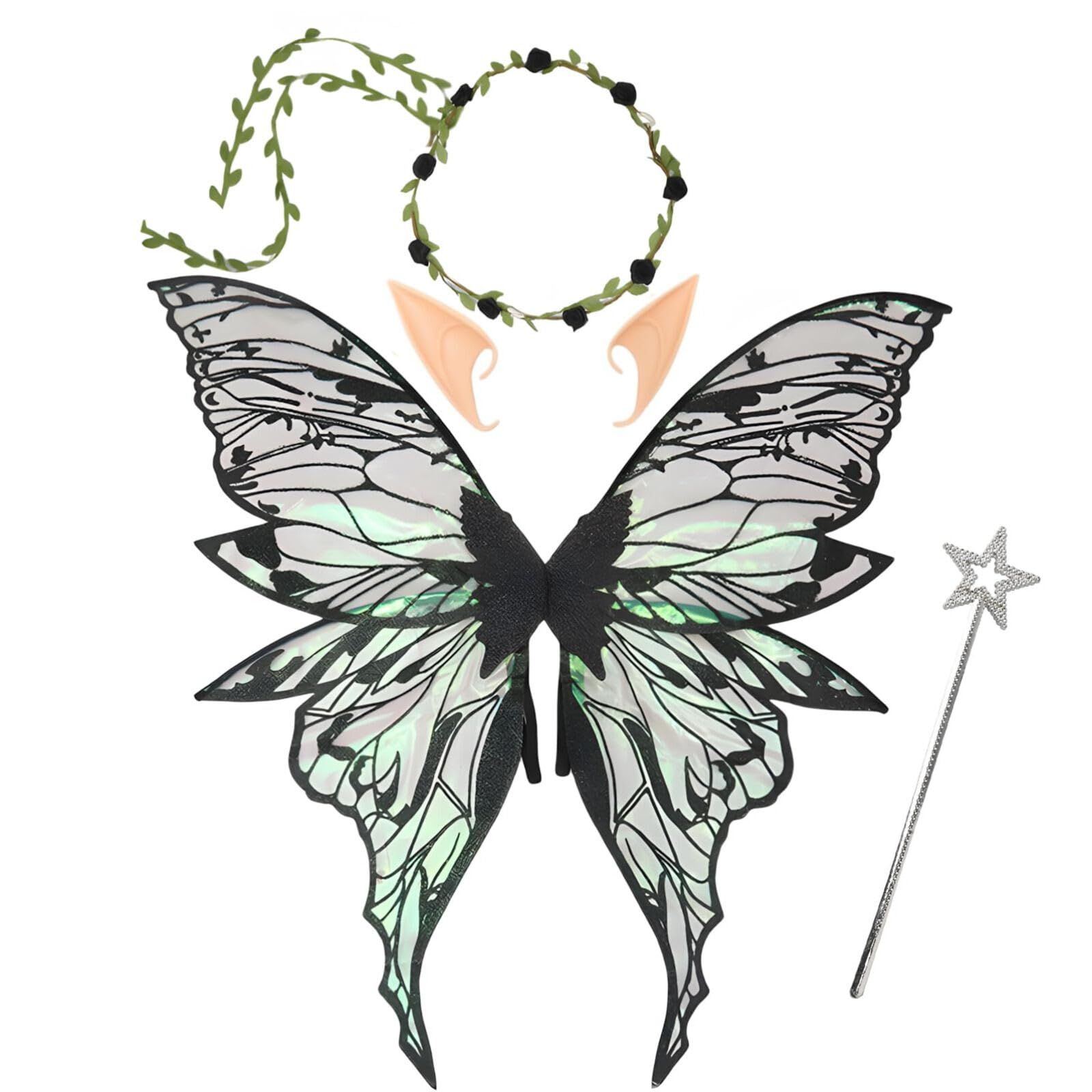 Fairy Wings for Adult, Butterfly Wings Set with Elf Ears & Wand, Black