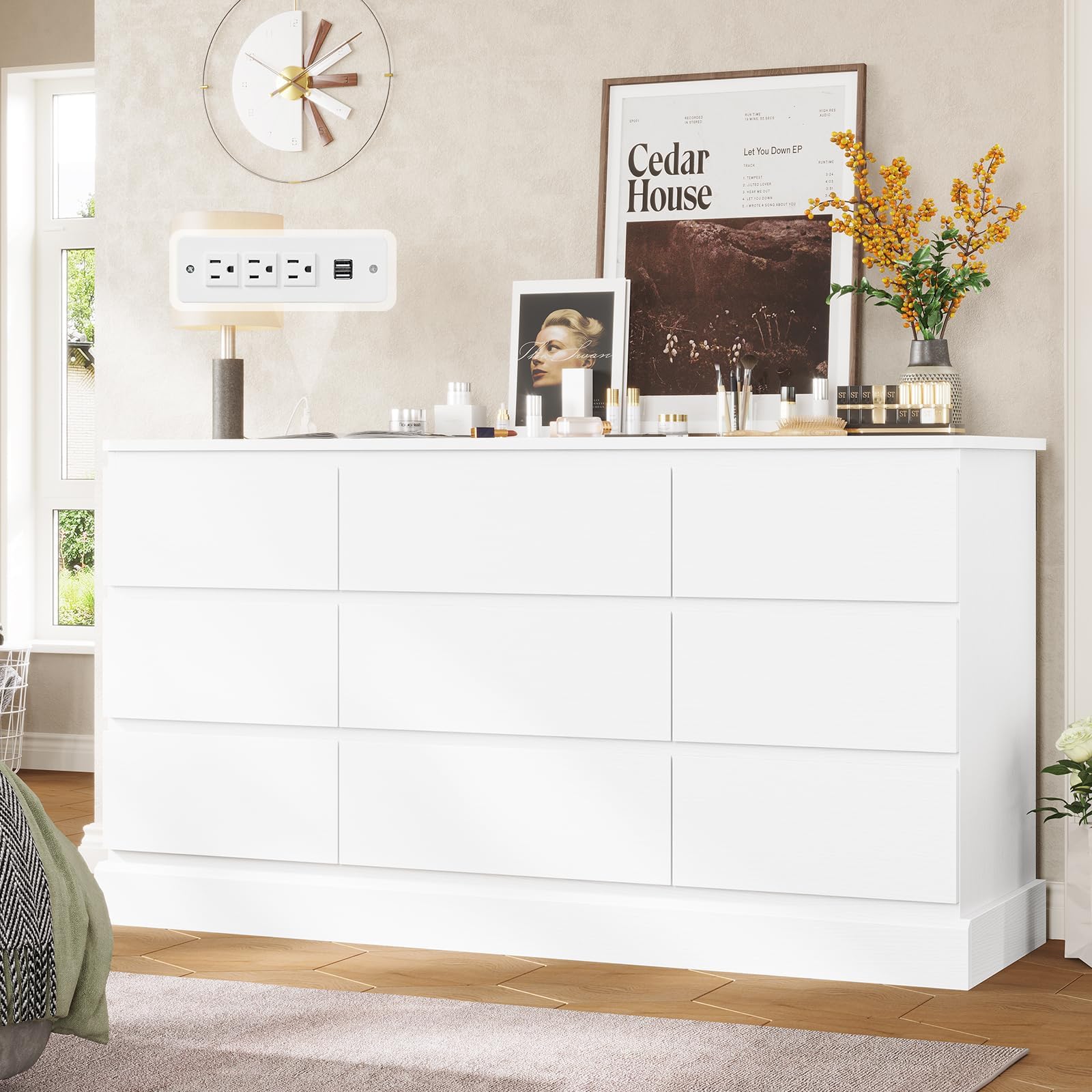 Hitow 9 White Drawer Dressers, Modern Large Dresser for