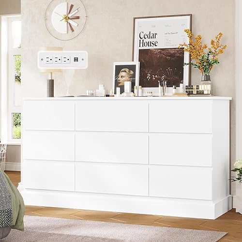 Hasuit Cómoda Blanca Moderna para Dormitorio con 9 Cajones, Cómodas de 61.4" de Ancho Cajonera con Almacenamiento de Gran Capacidad, Cómoda Larga