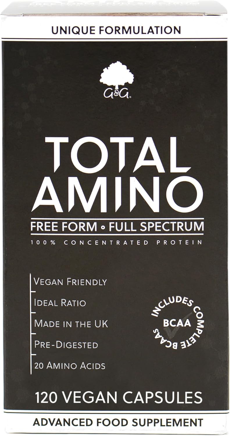 Total Amino – Full Spectrum – All 20 Amino Acids – EAA, BCAA – Free Form – 120 Vegan Capsules – Made in the UK by G&G Vitamins