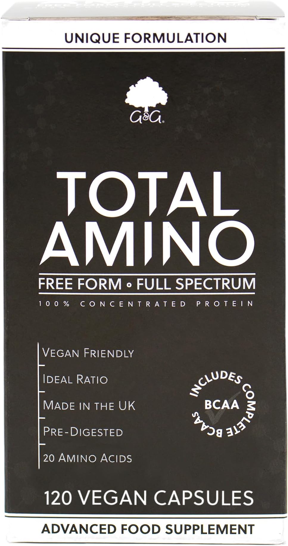 Total Amino - Full Spectrum - All 20 Amino Acids - EAA, BCAA - Free Form - 120 Vegan Capsules - Made in the UK by G&G Vitamins