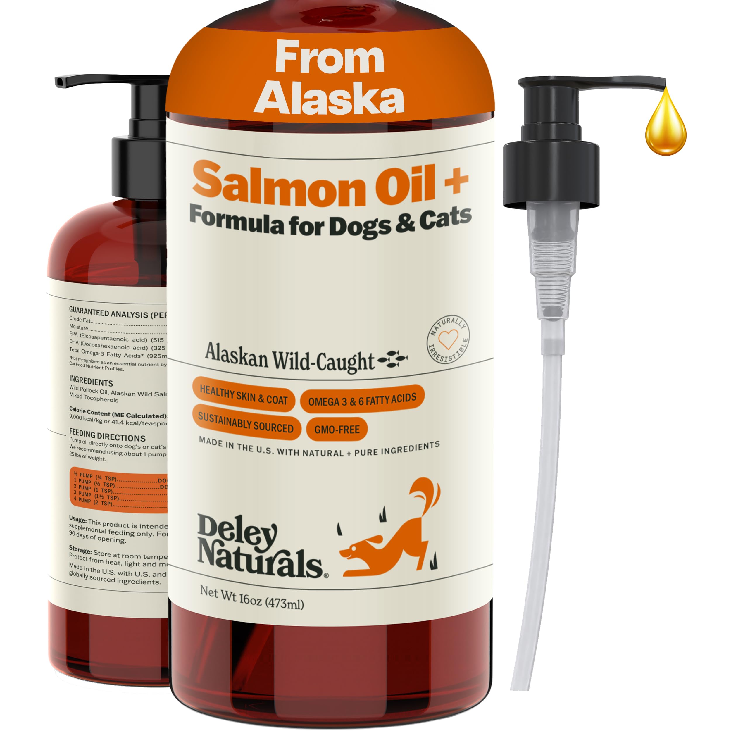 Deley Naturals Wild Alaskan Salmon Oil for Dogs & Cats - New & Improved Salmon Oil Plus Formula - Fish Oil for Dogs with DHA EPA Omega 3 & 6 Fatty Acids - Omega 3 for Skin & Coat - 16oz Made in USA