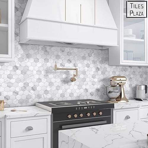 Miniatura 4 de The Tiles Plaza Azulejo de pared para cocina, azulejos de pared autoadhesivos de mármol hexagonal blanco para cocina, azulejos de mosaico decorativo