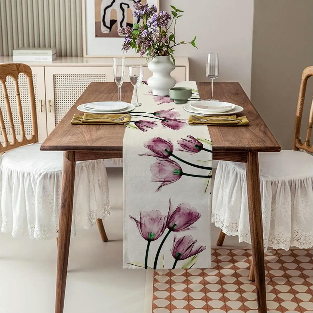 Bieżnik stołowy z lnu w kolorze niebieskim, tulipan, juta, bieżnik na stół, dekoracja stołu na przyjęcie weselne (fioletowy 33 cm x 180 cm)