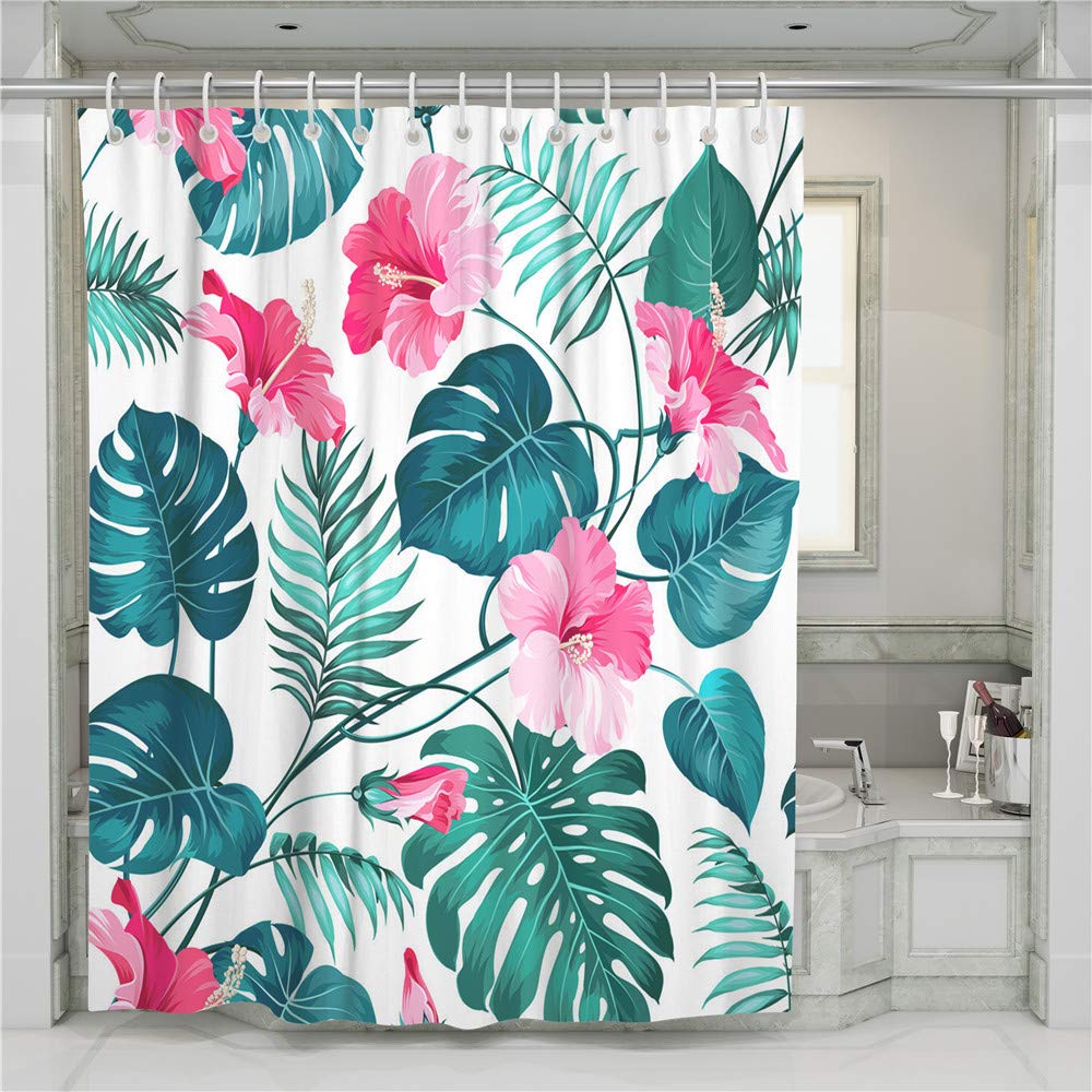 Oduo Flower Leaves Shower Curtain Waterproof, Green Plants Printed 3D Polyester Water Resistant Fabric Washable Bath Curtain With Hooks For Bathroom Home Decor (,120X180cm)
