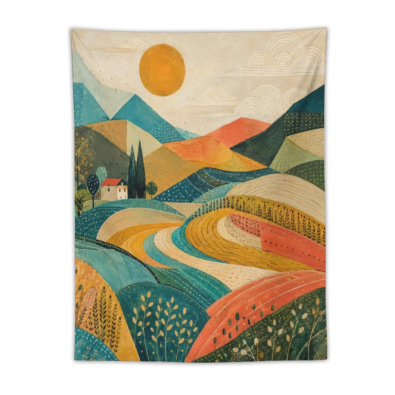 W7C8U2X3 Colorful Rolling Fields Wall Tapestry, Geometric Art, Office
