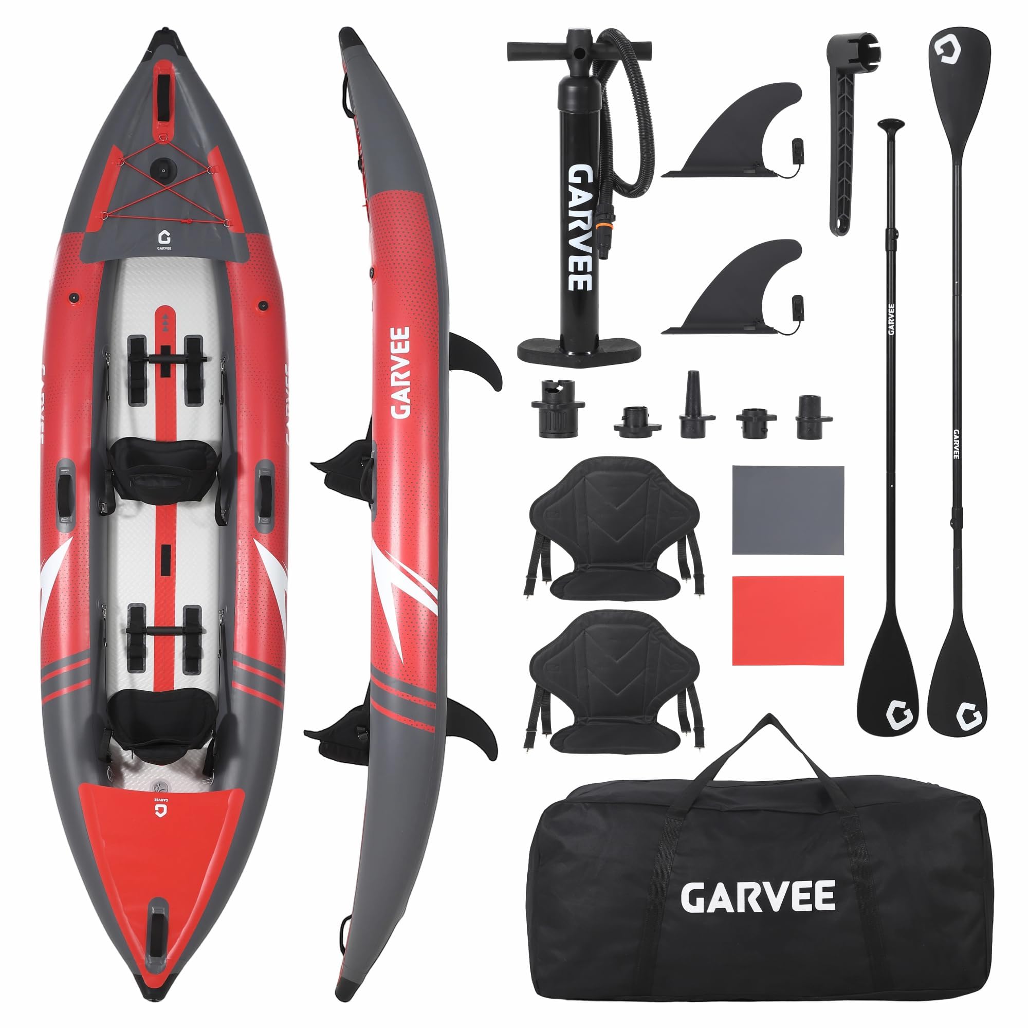 Garvee Kayak Gonflable 2 Personnes 12,5 Pieds – Siège rembourré, 3 ailerons – PVC Robuste, Pliable – Pompe, Sac, kit réparation – Capacité 204 kg – Pêche et Loisirs – Taille 381×95×42 cm