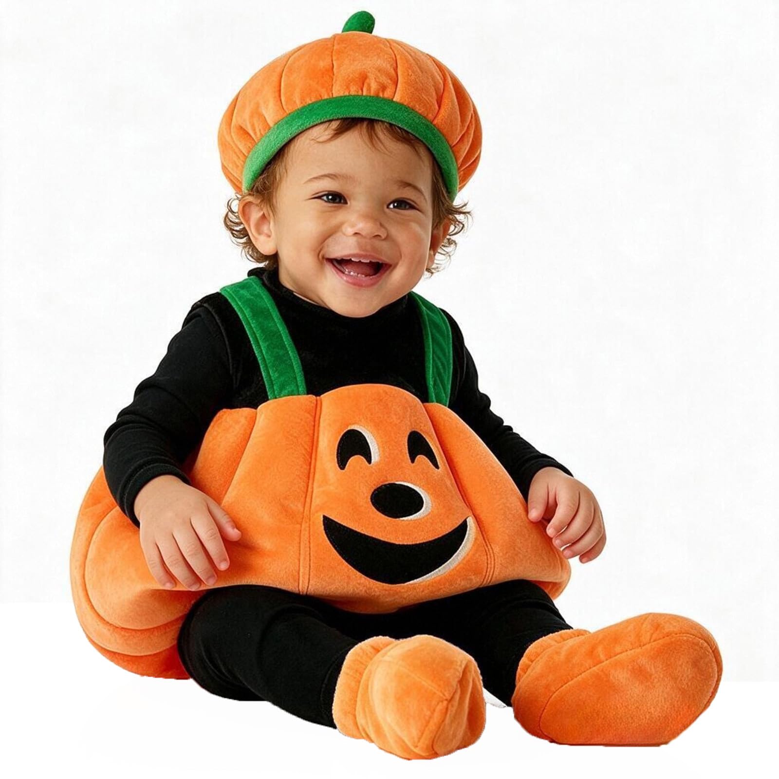 Newborn Infant Baby Pumpkin Halloween Costumes, Cute Toddler Halloween Cosplay Outfits, Long Sleeve Fleece Hooded Zipper Design Romper Striped Pant Sets, Party Performance