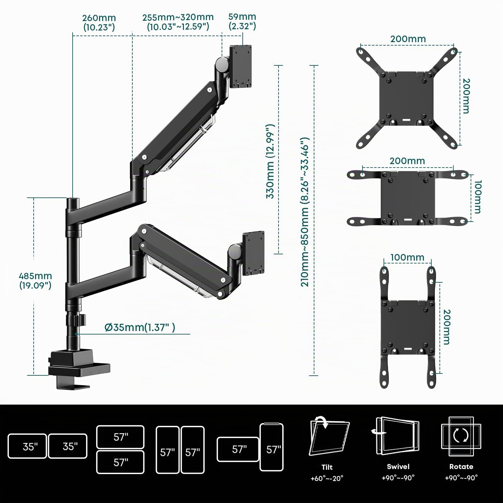 Soporte Monitor Doble Vertical para 24-57-Pulgadas - Brazo monitor doble de alta resistencia compatible con la Mayoría de Monitores Ultrawide, Ajustable Inclinar Girar, Peso 2-27kg, VESA 75/100/200 mm