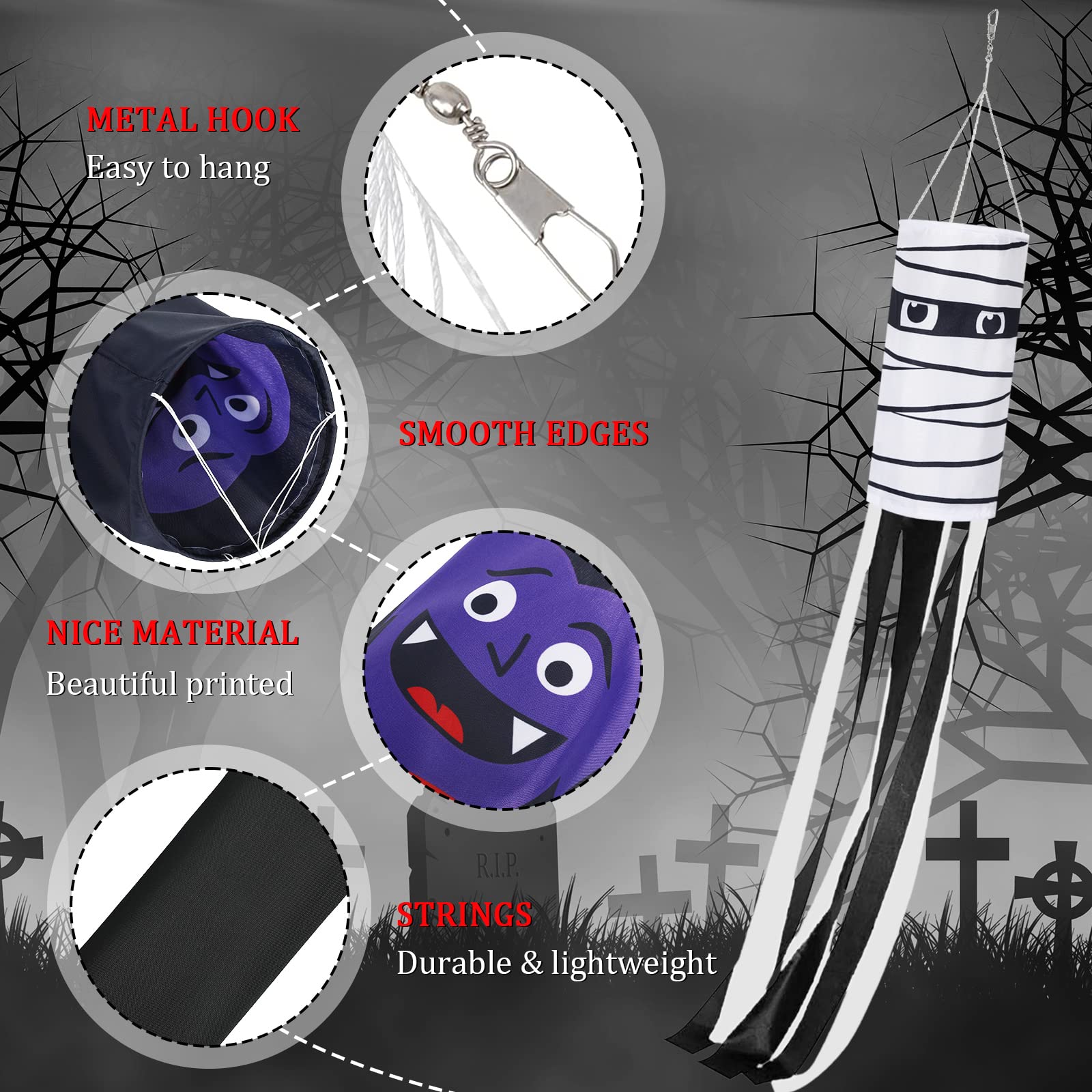 AnyDesign 4Pcs Halloween Windsocks Flag 39 Inch Cartoon Flag Wind Socks Pumpkin Vampire Zombie Monster Outdoor Hanging Decoration for Home Yard Patio Lawn Garden Tree Party Supplies - Image 2