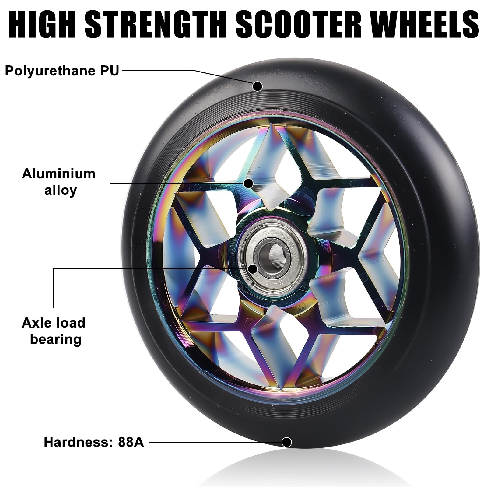 2 pezzi ruote per monopattino stunt da 110 mm, ruote di ricambio colorate 88A con cuscinetti ABEC-9 e nucleo a raggi in alluminio, compatibili con tutti i tipi di monopattini