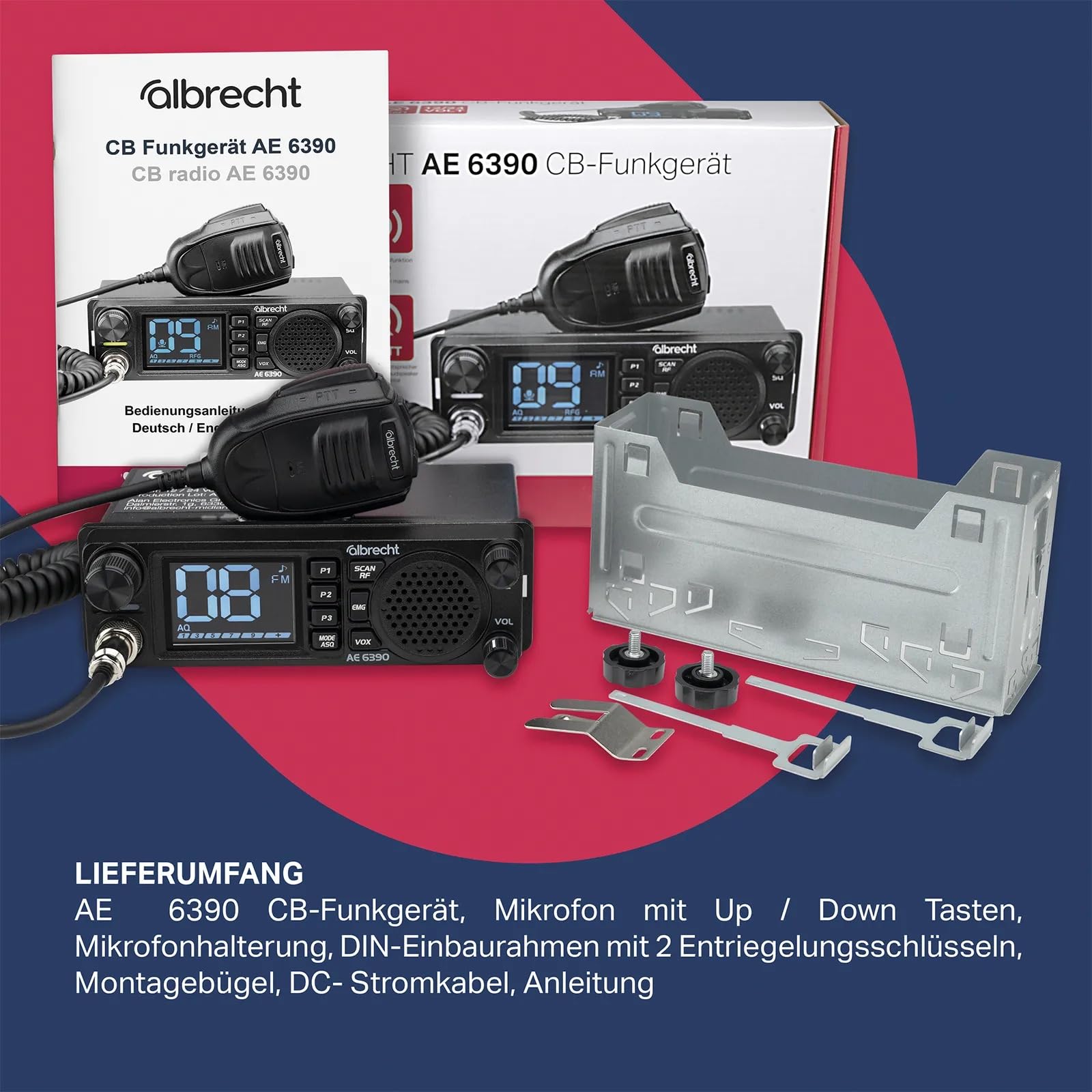 Albrecht AE 6390 CB-Funkgerät – 2,4" Display, VOX Freisprechfunktion, DIN-Einbau, 40 AM/FM Kanäle, 2W Frontlautsprecher, Kanalsuchlauf, RF Gain, inkl. Mikrofon & Zubehör, schwarz, 12639