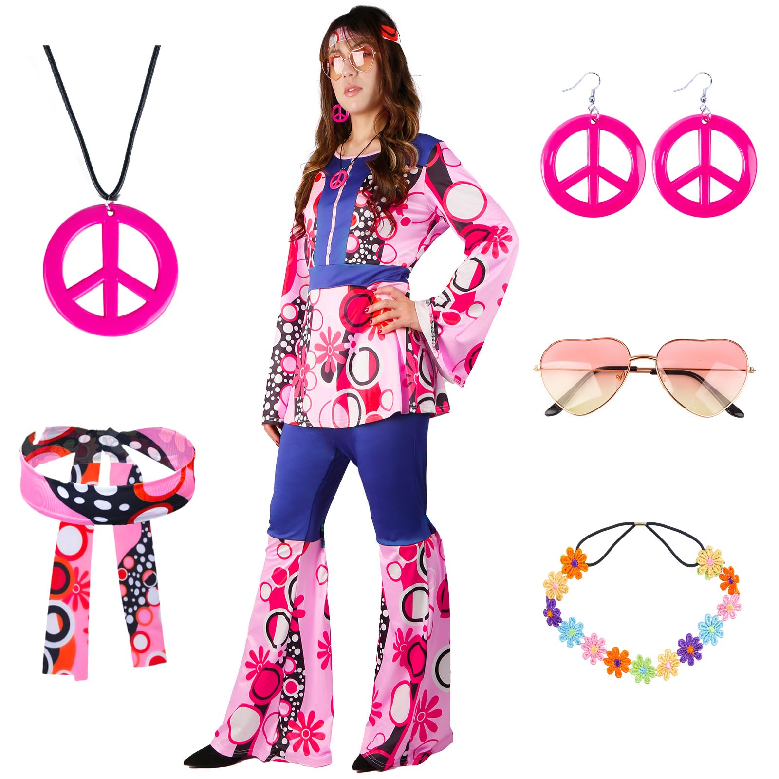 Disfraz Hippie Mujer, Ropa Hippie, Pantalones Acampanados con Accesorios, Ropa de los años 60 y 70 para Mujer, Vestido de Discoteca para Carnaval, Fiestas de juegos de rol