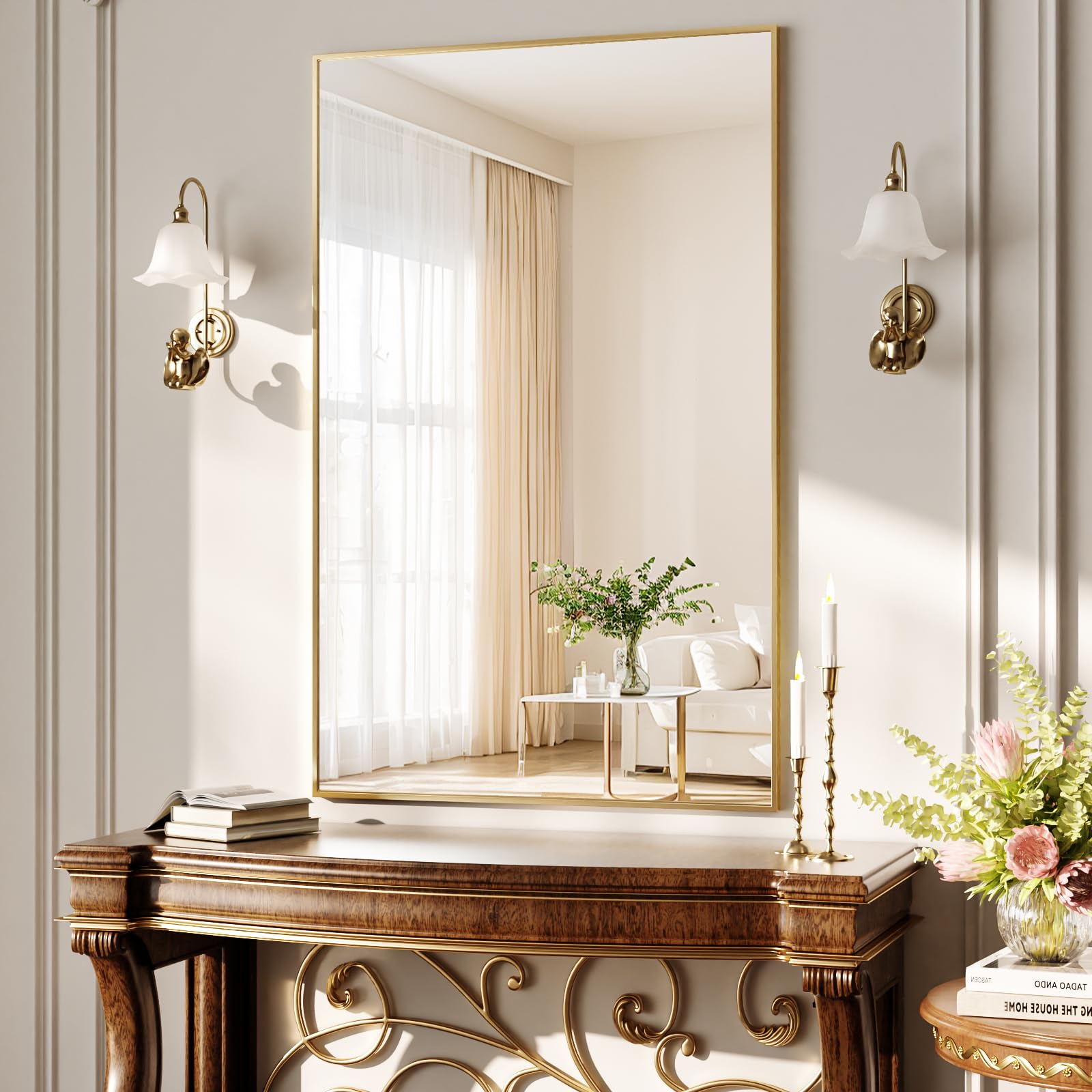 BEAUTYPEAK Miroir mural rectangulaire 120 x 75 cm cadre aluminium doré, incassable pour salle de bain, chambre à coucher, salon
