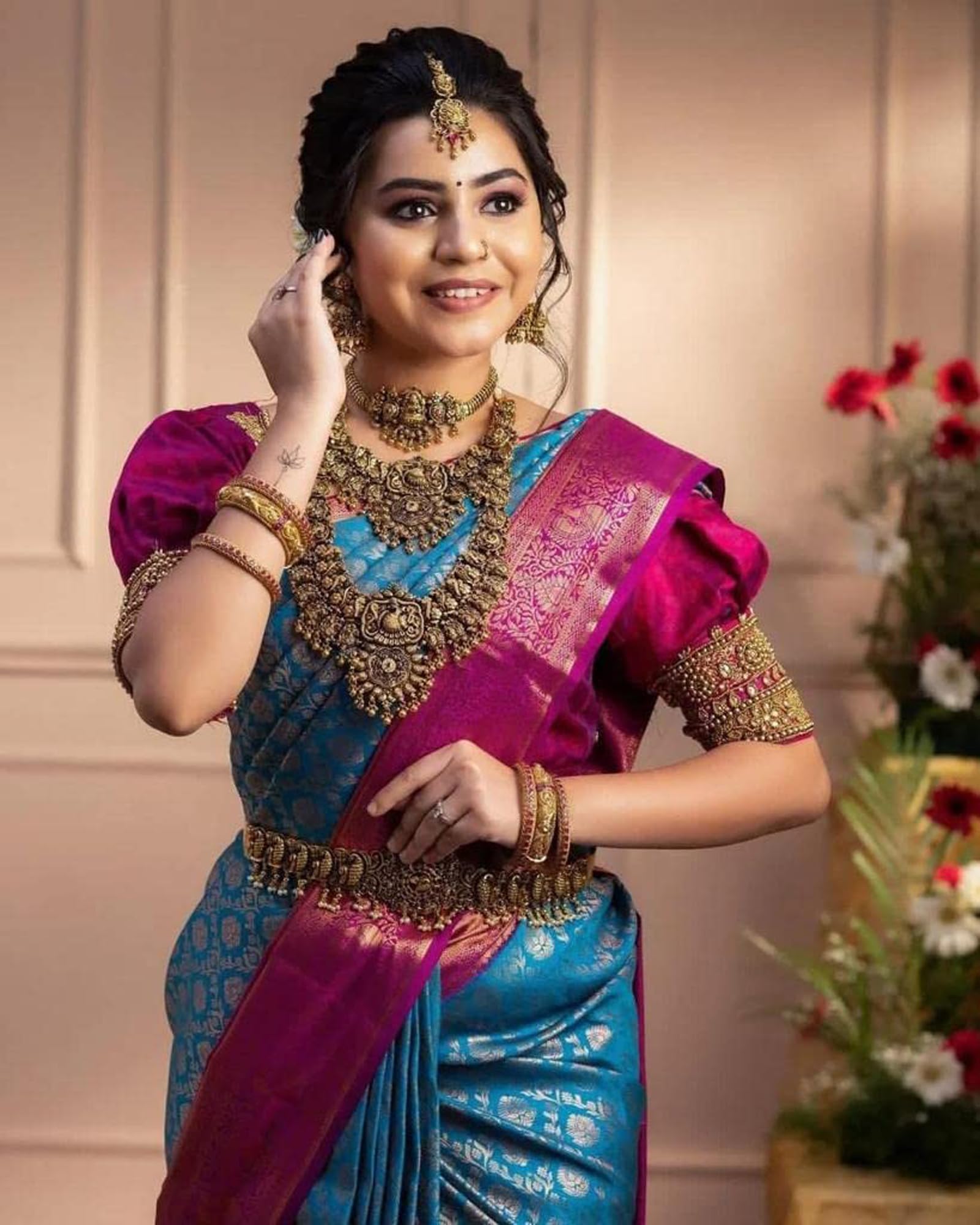Indyjskie Sari Dla Kobiet W Stylu Kanjivaram Niebieskie Sari Banarasi Jacquard Z Nieszytą Bluzką
