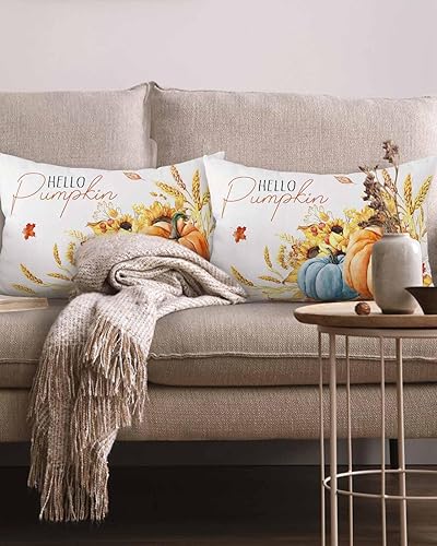 Miniatura 2 de Juego de 2 fundas de almohada de otoño de 20 x 12 pulgadas, diseño de calabaza con texto en inglés "Hello Pumpkin", fundas de cojín decorativas para