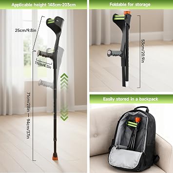 2PCS Folding Crutches for Adults Elbow Crutches for Women Men Black Height Adjustable Crutches with Handle Ergonomic Grip Forearm Crutches with Non-Slip Base Mobility