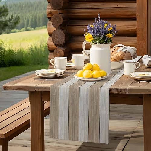 Miniatura 263 de Camino de mesa de algodón y lino estilo granja rústico retro, textura de madera de granero, color degradado marrón y gris, antideslizante,