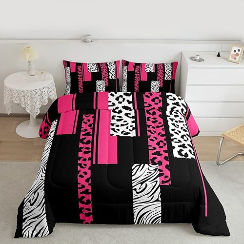 Miniatura 2 de Feelyou Juego de edredón de cebra de leopardo, tamaño individual, para niños, rosa, blanco, negro, para niños, adolescentes, juego de ropa de cama