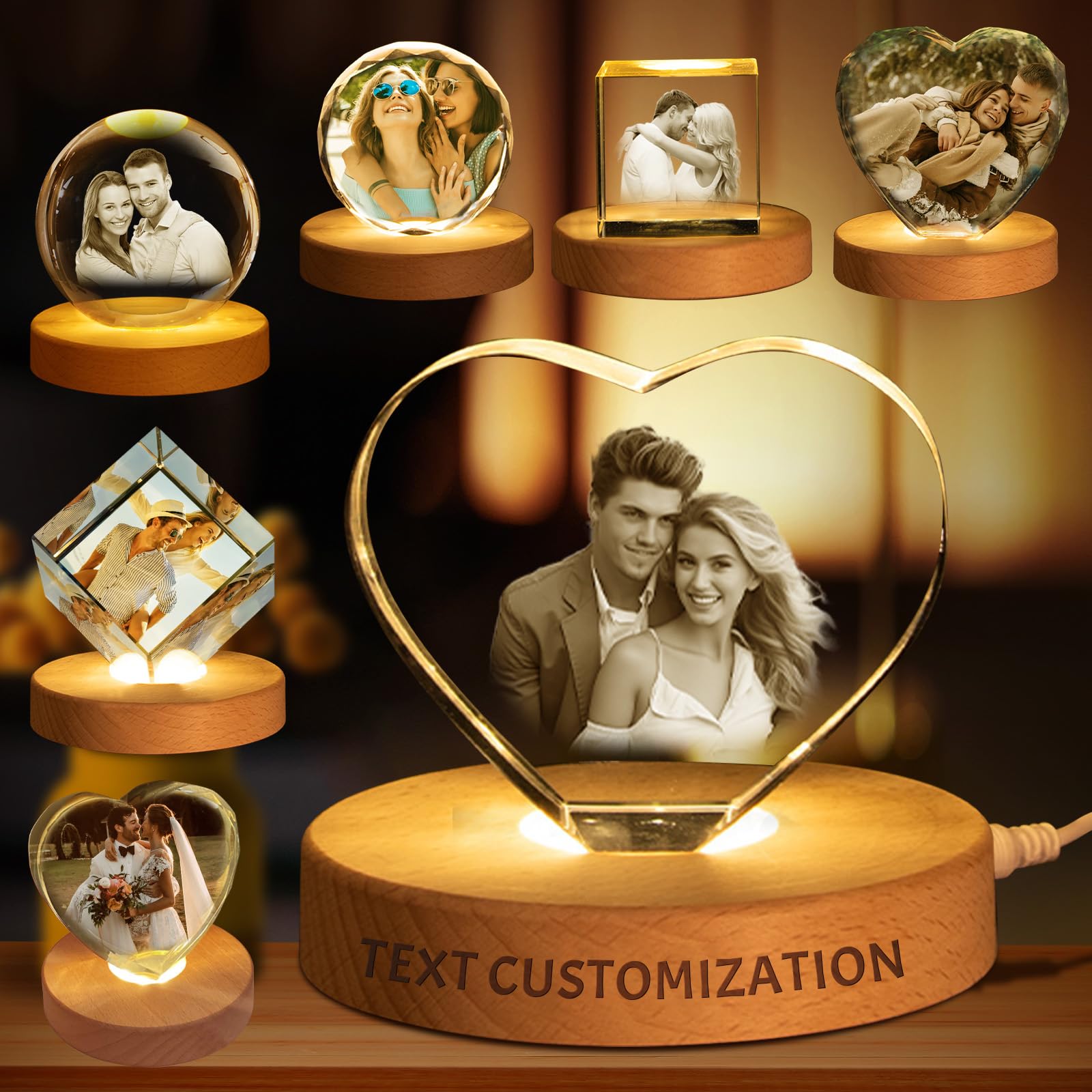 Custom 3D Crystal Ball Night Light – Personalized Photo with Wooden Base – Engraved Gift for Birthday, Wedding, Graduation, and Special Occasions (Little Thick Heart)