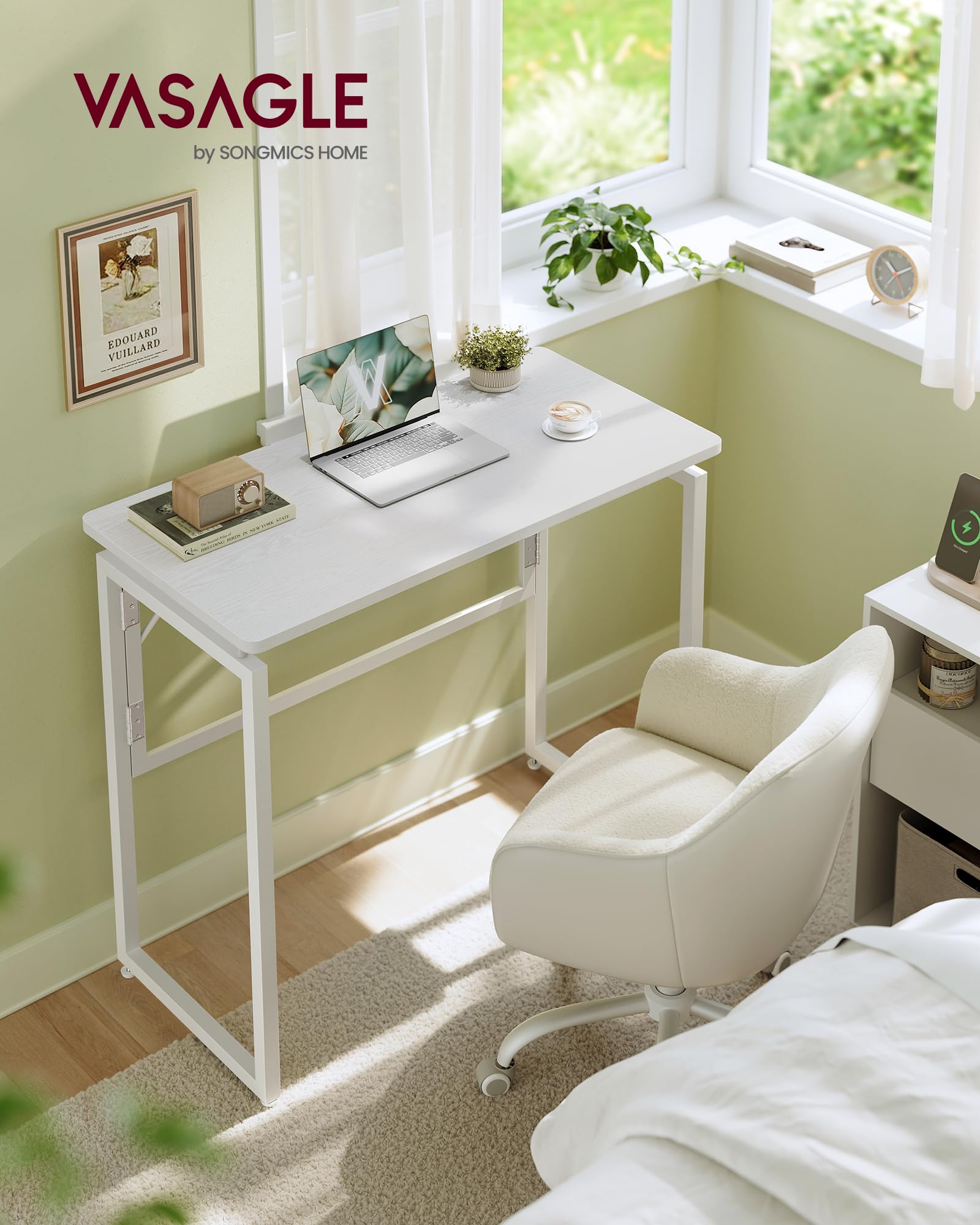 VASAGLE Mesa Plegable, Escritorio Plegable, Tablero de una Pieza, Bordes Redondeados, para Dormitorio, Balcón o Camping, Fácil Montaje, 80 x 40 cm, Blanco Arce LWD151WF01 — view 2