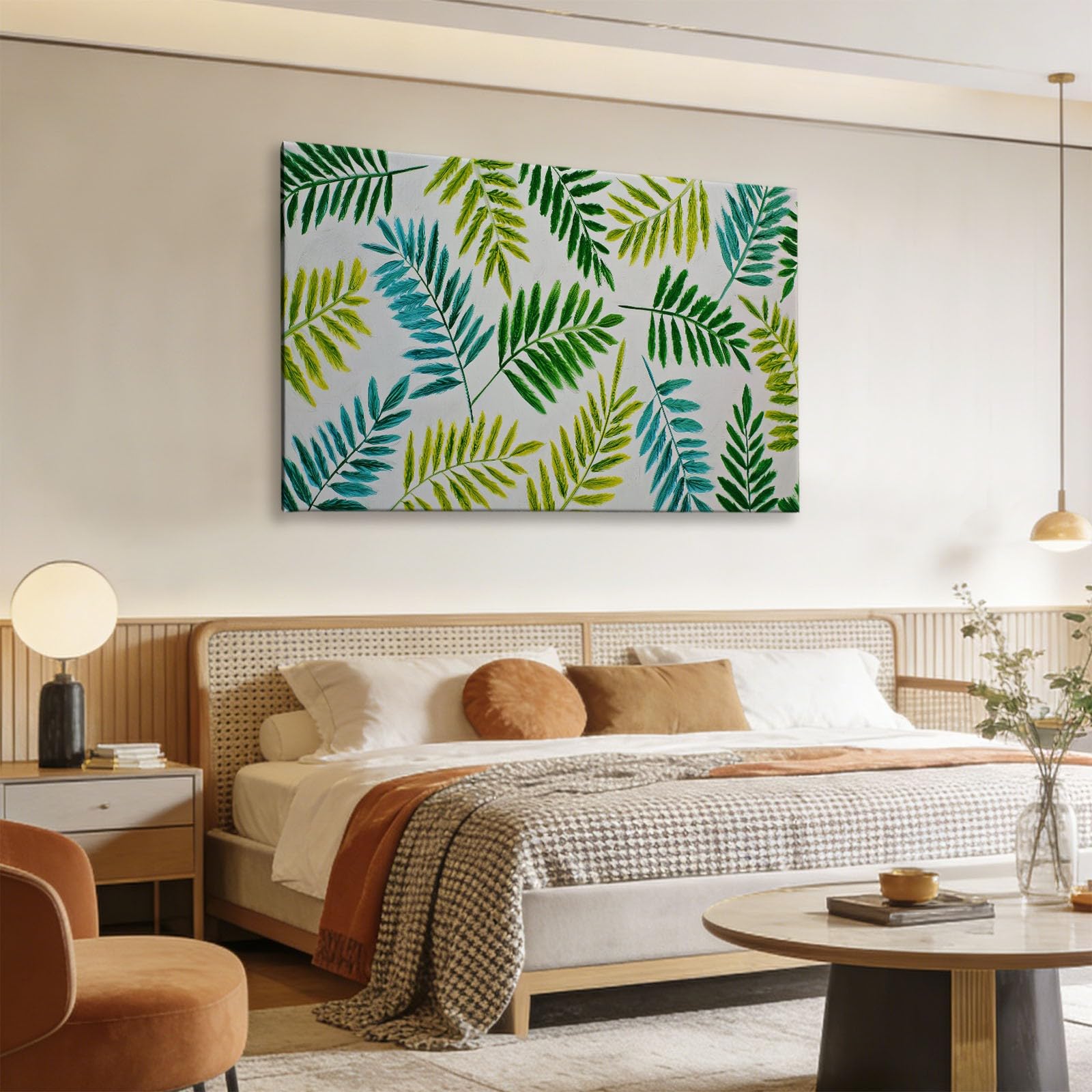 Generisch Salbeigrün Landhausstil Botanisch Farn Modernes Leinwandbild 140L x 70B cm mit Rahmen, Landhausstil XXL Wanddeko für Wohnzimmer Geschenk Idee Einzug - Hochwertiger Kunstdruck auf Holzrahmen