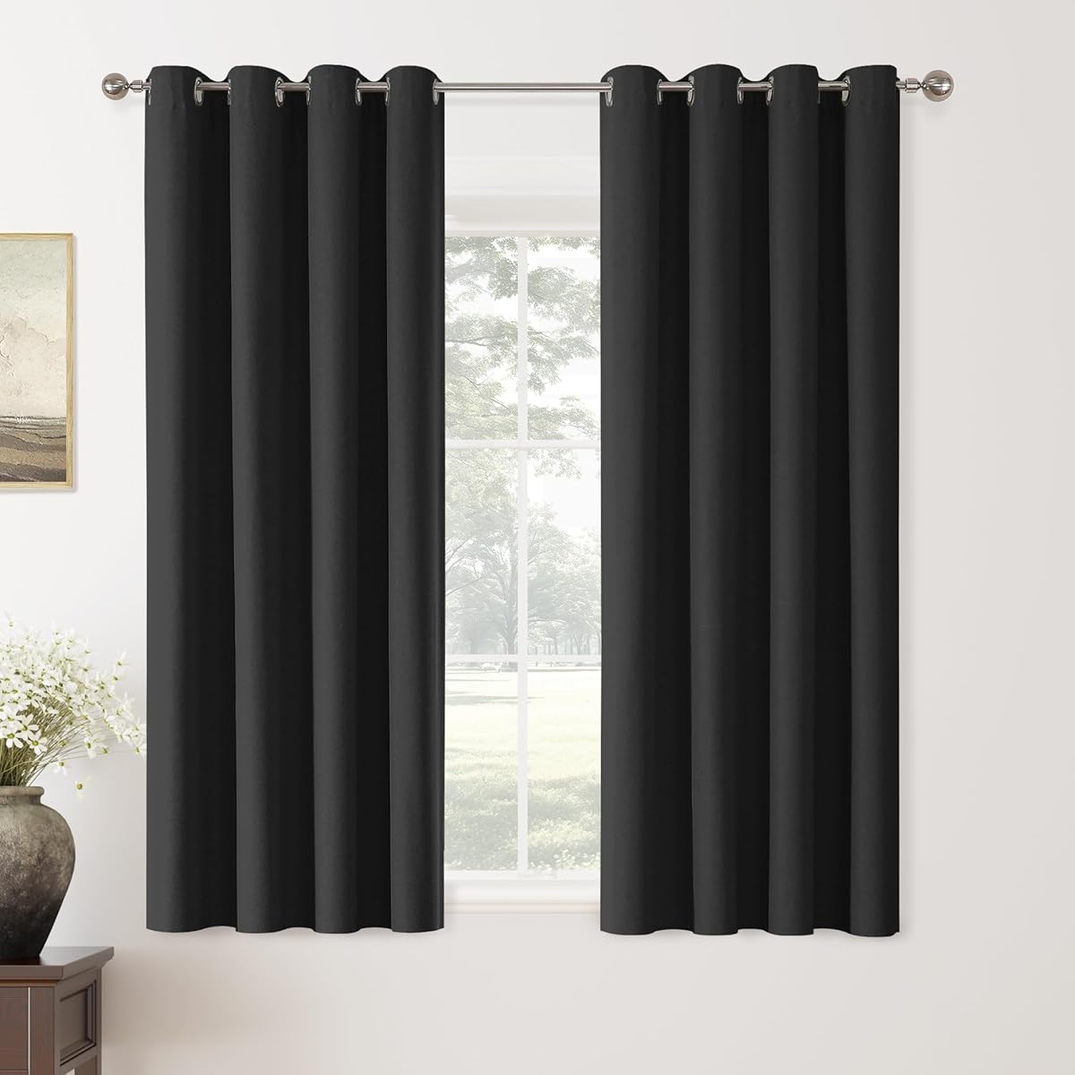 ChrisDowa 100% Blackout Linen Curtains 63 Inches Long 2 Panels for Bedroom Living Room Farmhouse Room Darkening Thermal Insulated Soundproof Grommet Top Window Treatment Drapes(52x63,Black)