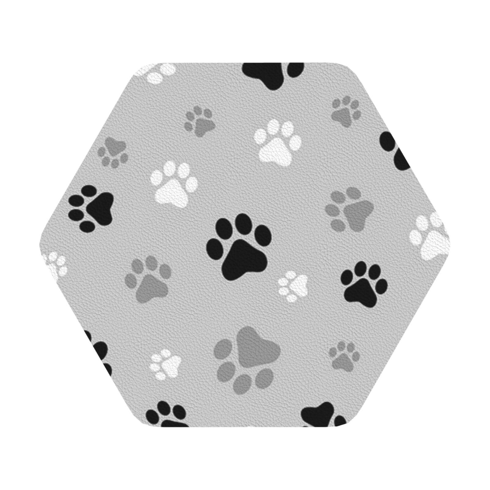Animal Paw Prints PU Leather Coasters Set of 6 Hexagon Drink Coasters