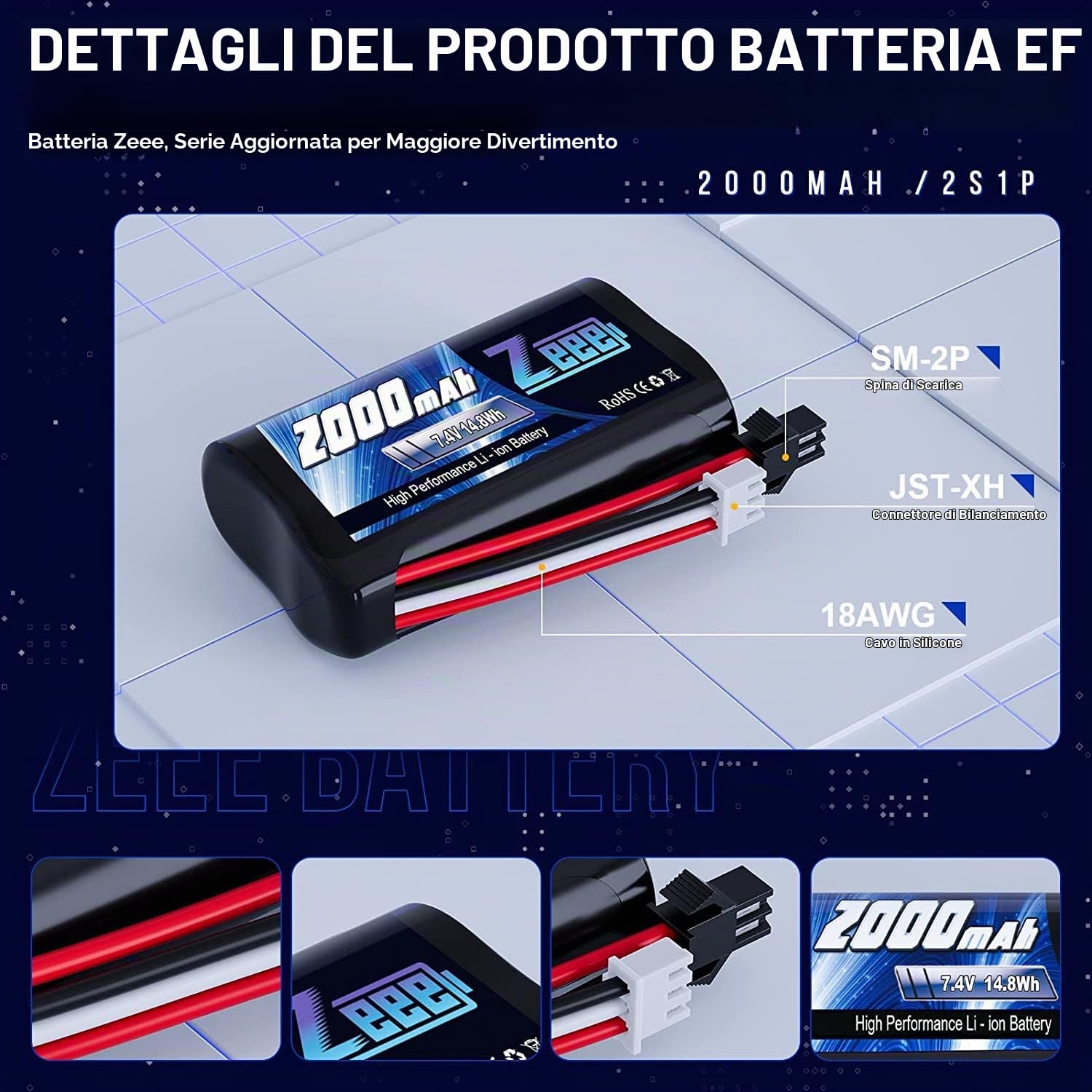 Zeee 2S Li-Ion Batteria 7.4V 2000mAh con Spina SM2P e Caricatore USB da 2 Pezzi Compatibile con RC Auto MN D90/91, MN 99/99s, H101 H103 H105 RC Boat RC Truck (2 pezzi)