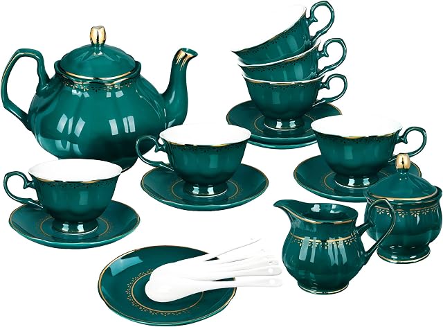 fanquare 21 Pieces Vintage Porcelain Tea Set, Dark Green Coffee Service for 6, with Teapot, Milk Pot, Sugar Bowl, Saucers and Spoons