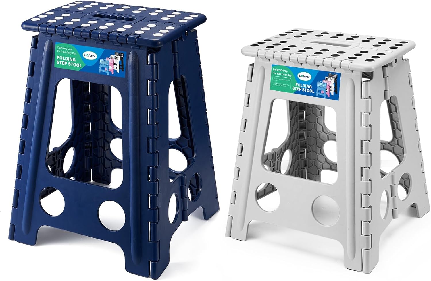 Dyforce 17.5 Inch and 16 Inch Folding Step Stool 400lbs Capacity Sturdy Plastic Foldable Step Stools for Adults (Royal Blue&Grey)