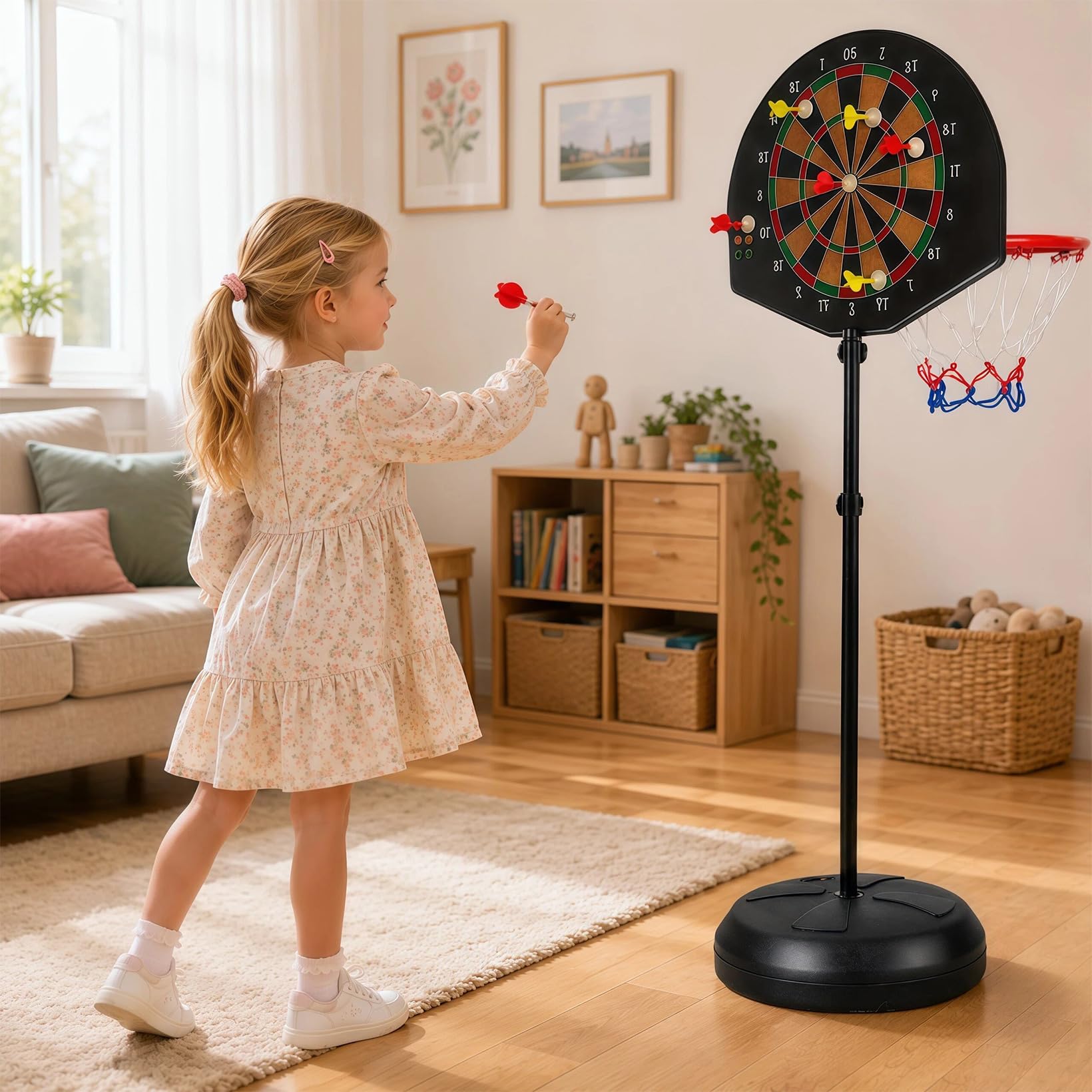 2 in 1 Basketballkorb Outdoor mit Dartscheibe Ständer, Basketballkorb Indoor Outdoor, Dartscheibe mit Ständer, 118-140cm Höhenverstellbar Basketball Korb mit Darts Target BäLlen Pumpe Geschenk