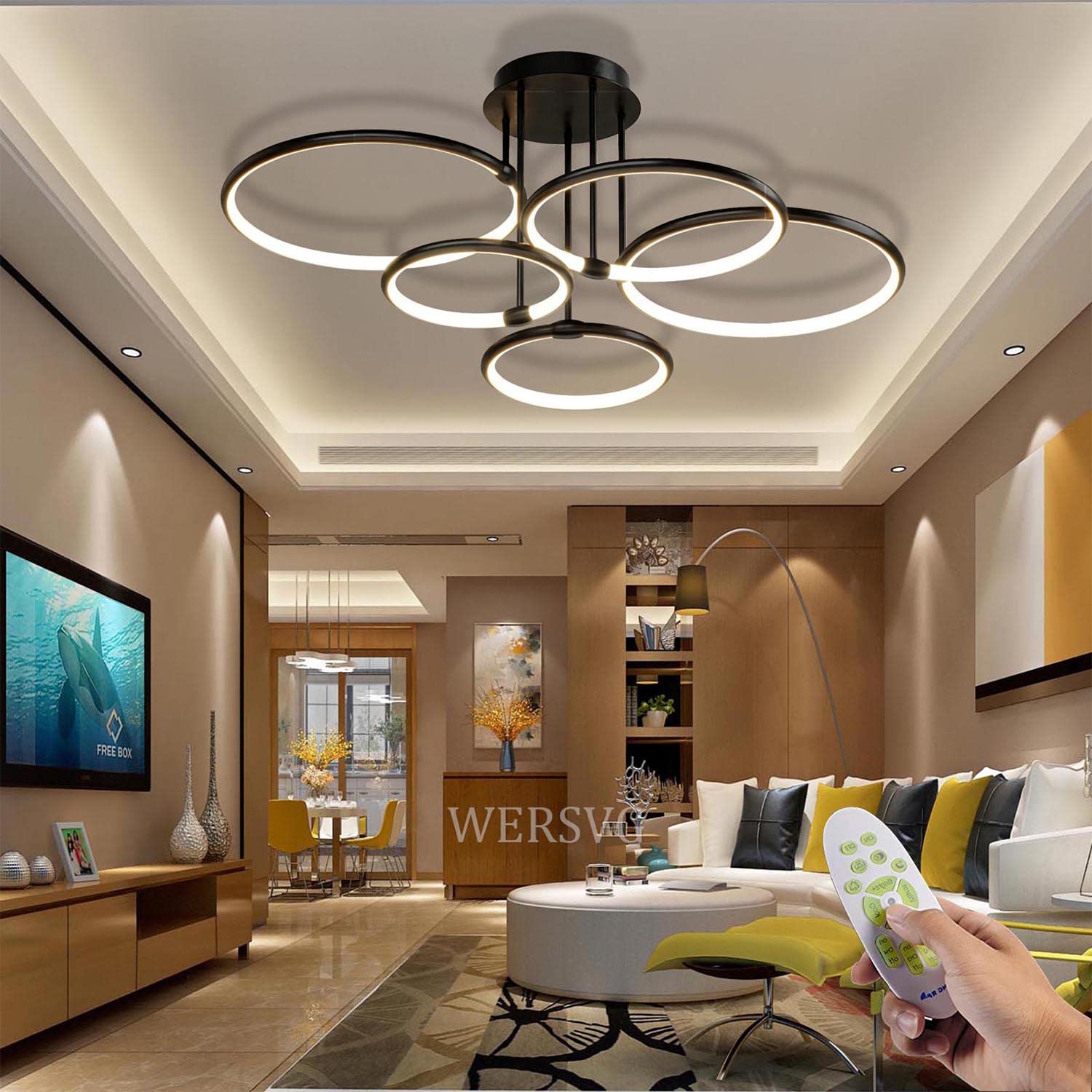 Lampa sufitowa LED Nowoczesna lampa sufitowa z czarnym pierścieniem, ściemniana 3000K-6500K z pilotem Lampa do salonu Sypialnia Biuro Jadalnia (5 pierścienie)