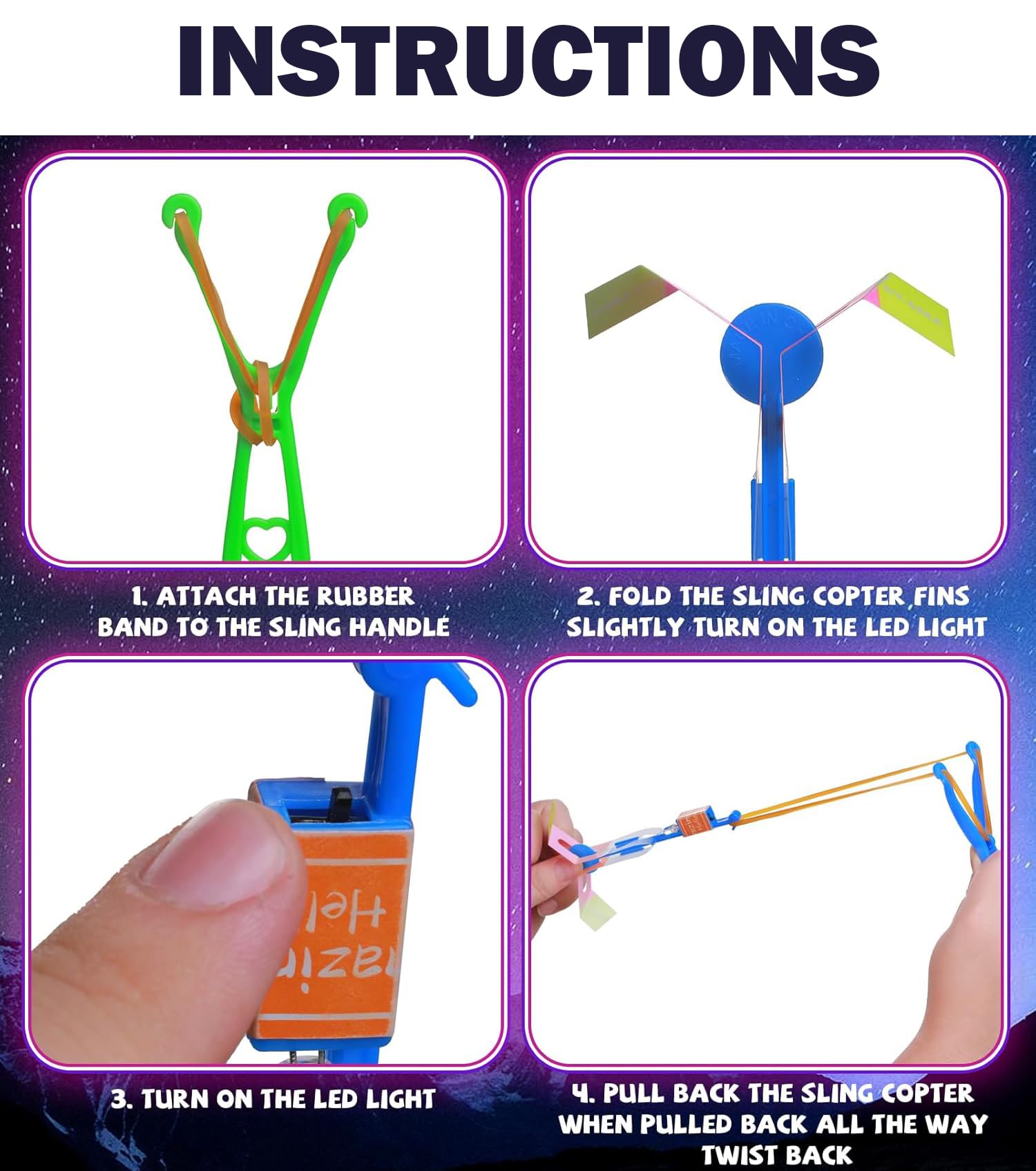 SCIONE 24 Sets LED Flying Set, 24 Slingshot+24 Glow Helicopter-48 Pcs, Flying Toy Outdoor Toys Glow in The Dark Party Supplies Party Favors for Kids 8-12,4-8