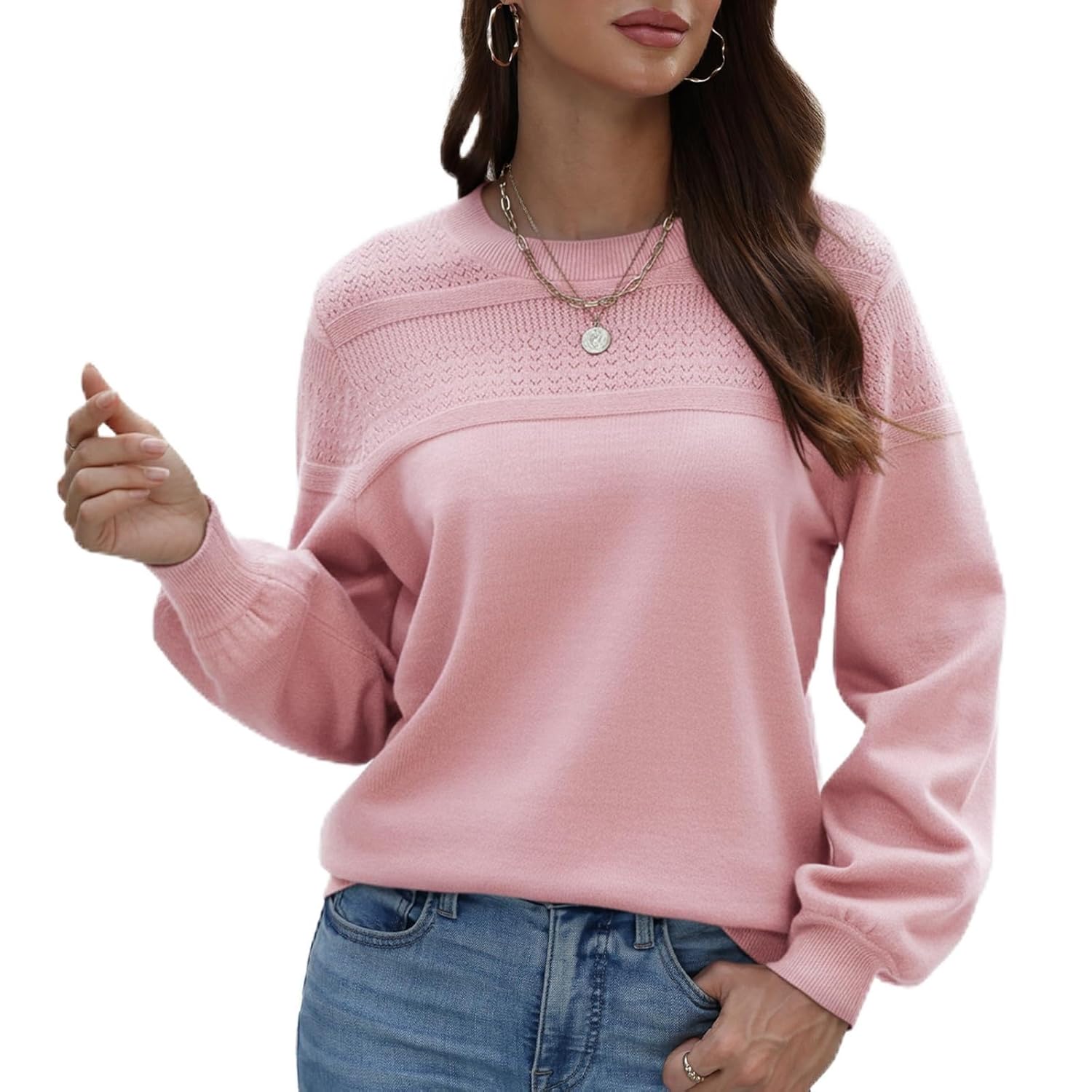 Womens Sweaters Dressy Casual Long Sleeve Tops Pullover Sweaters for Women 2025 Crew Neck Crochet Fashion Shirts