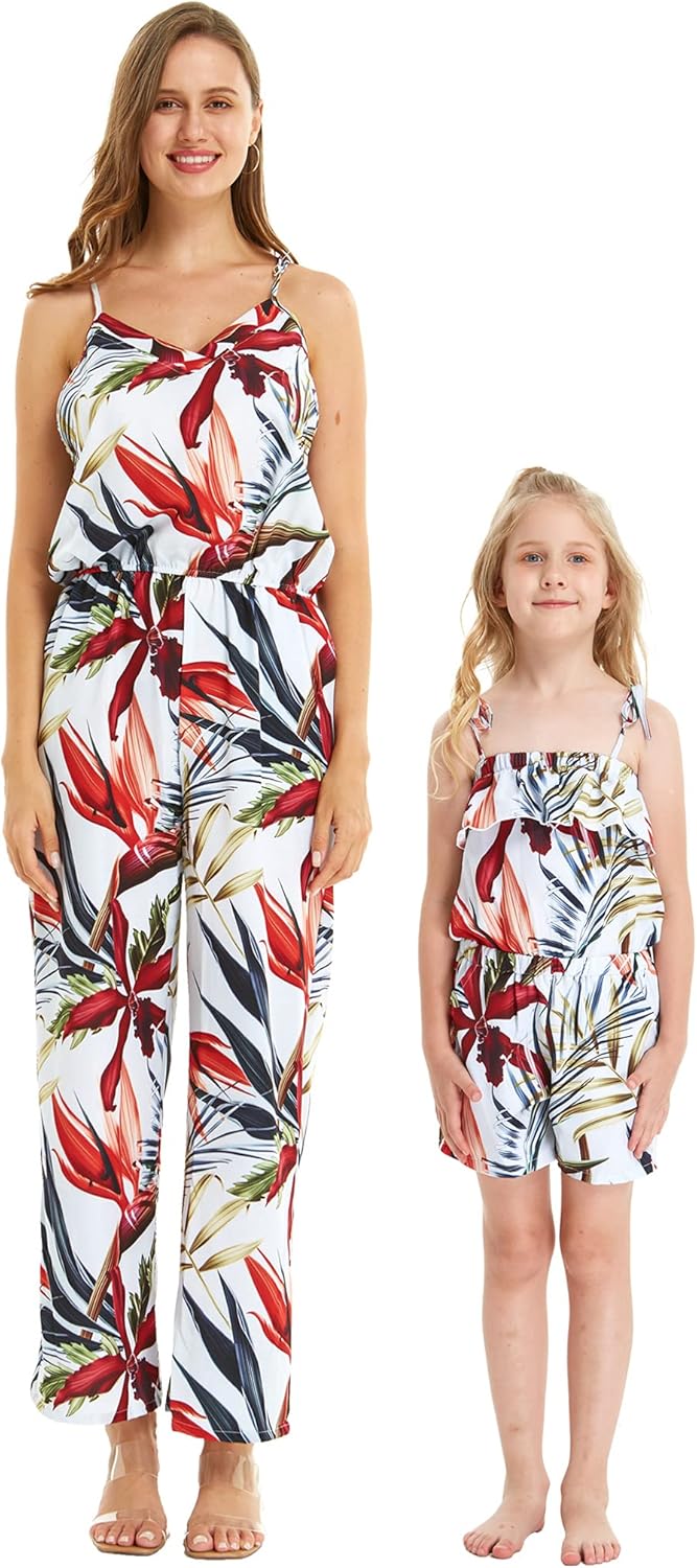 Matchable Hawaiian Luau Mother Daughter Women Strap V Jumpsuit or Girl Jumpsuit Romper in Garden at Dawn